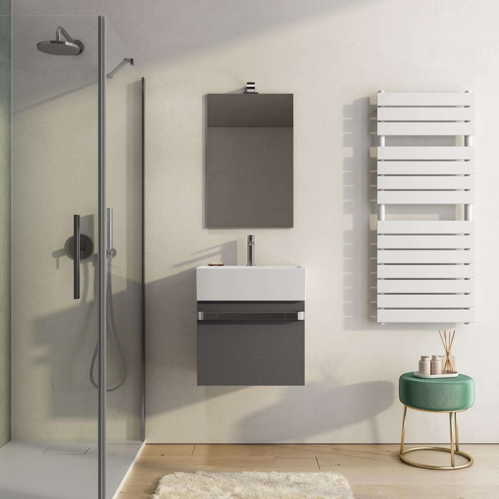 Mobile sospeso salvaspazio 50 cm grigio sud con lavabo e specchio - Virgola