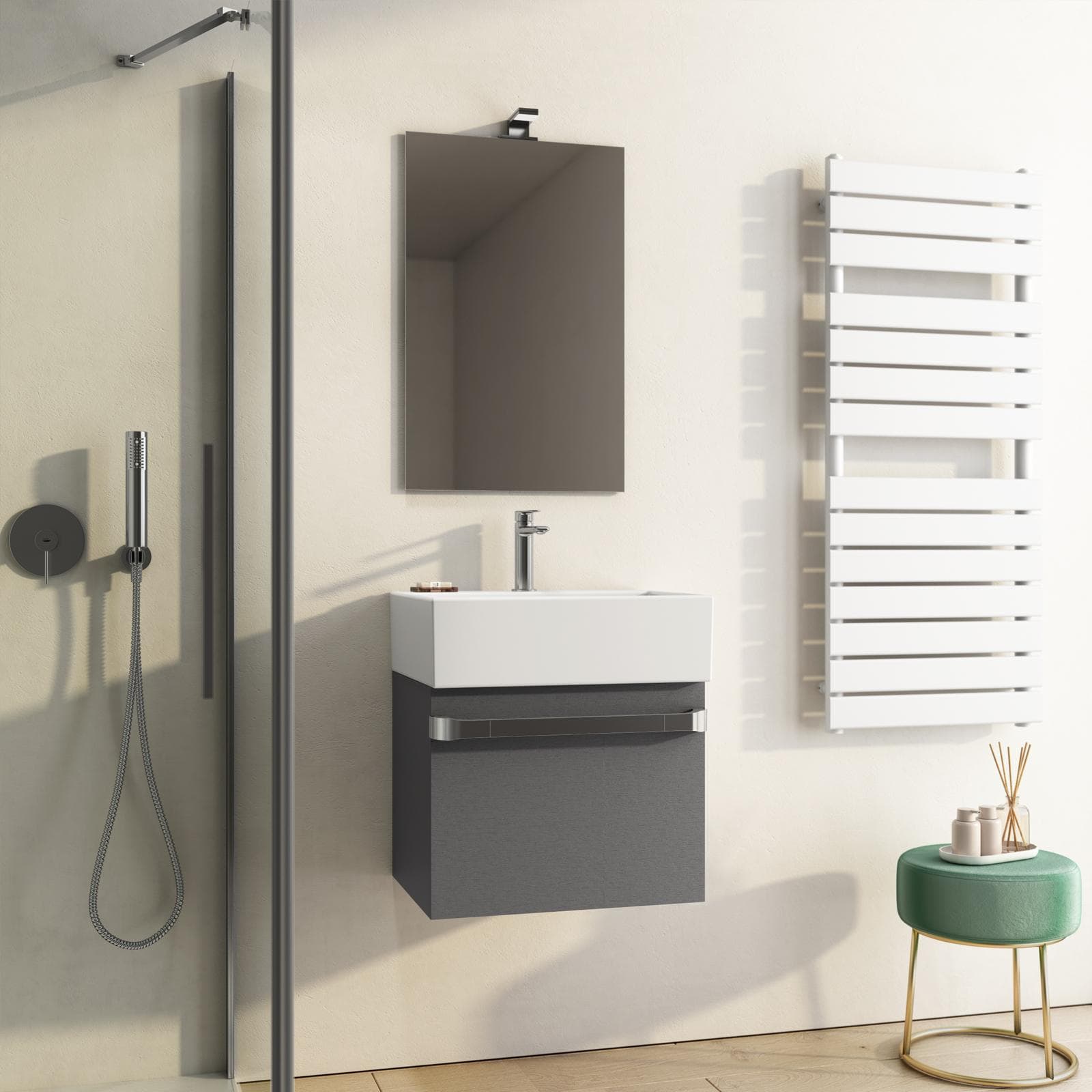 Mobile sospeso salvaspazio 50 cm grigio sud con lavabo e specchio - Virgola