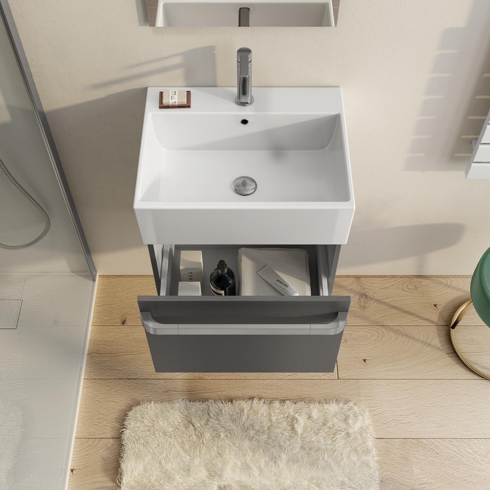 Mobile sospeso salvaspazio 50 cm grigio sud con lavabo e specchio - Virgola