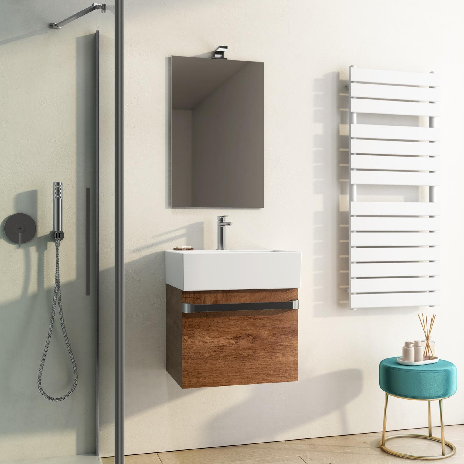 Mobile sospeso salvaspazio 50 cm profondità 42 cm noce nativo con lavabo e specchio - Virgola