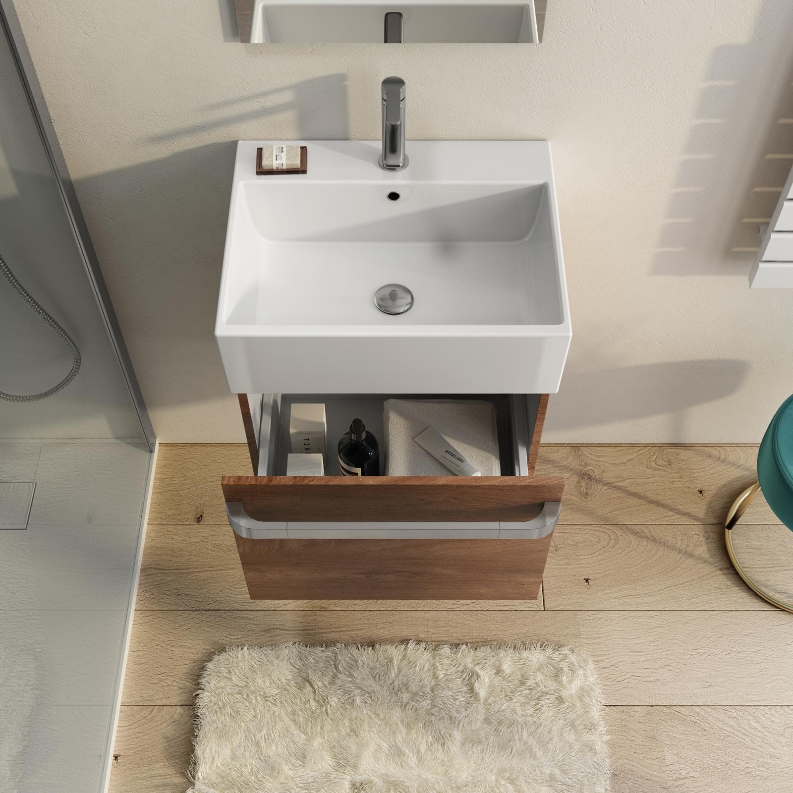 Mobile sospeso salvaspazio 50 cm profondità 42 cm noce nativo con lavabo e specchio - Virgola