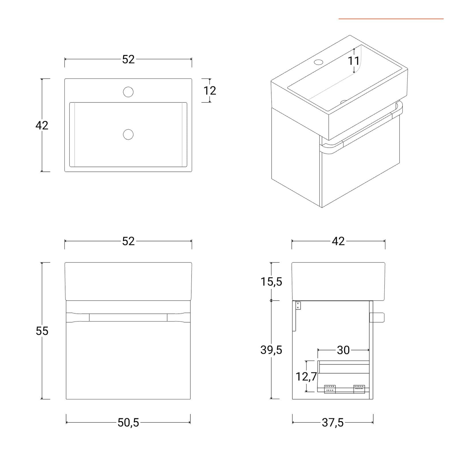 Mobile sospeso salvaspazio 50 cm profondità 42 cm noce nativo con lavabo e specchio - Virgola