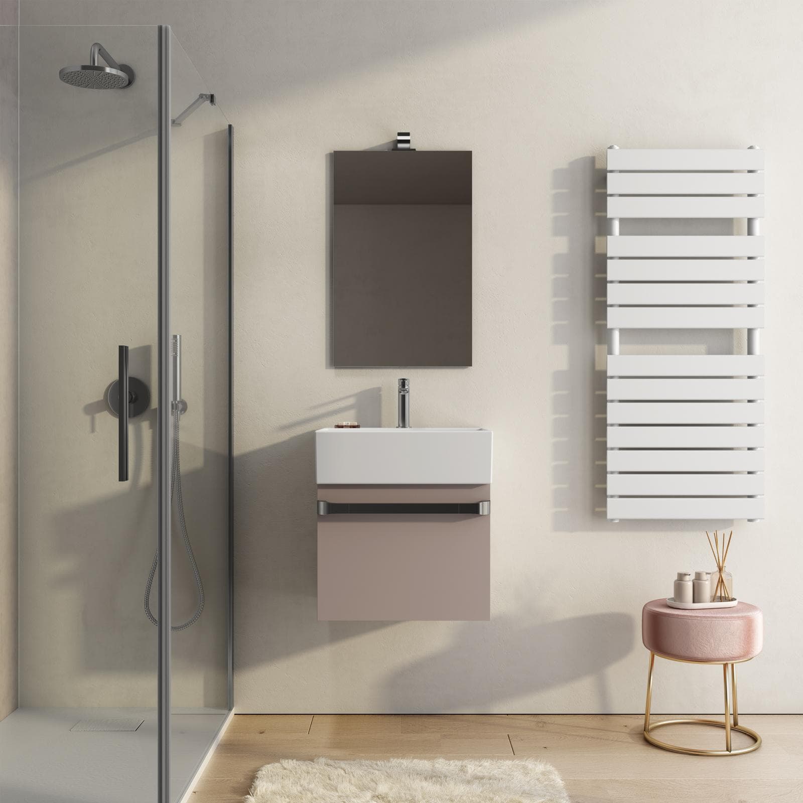Mobile sospeso salvaspazio 50 cm profondità 42 cm tortora opaco con lavabo e specchio - Virgola