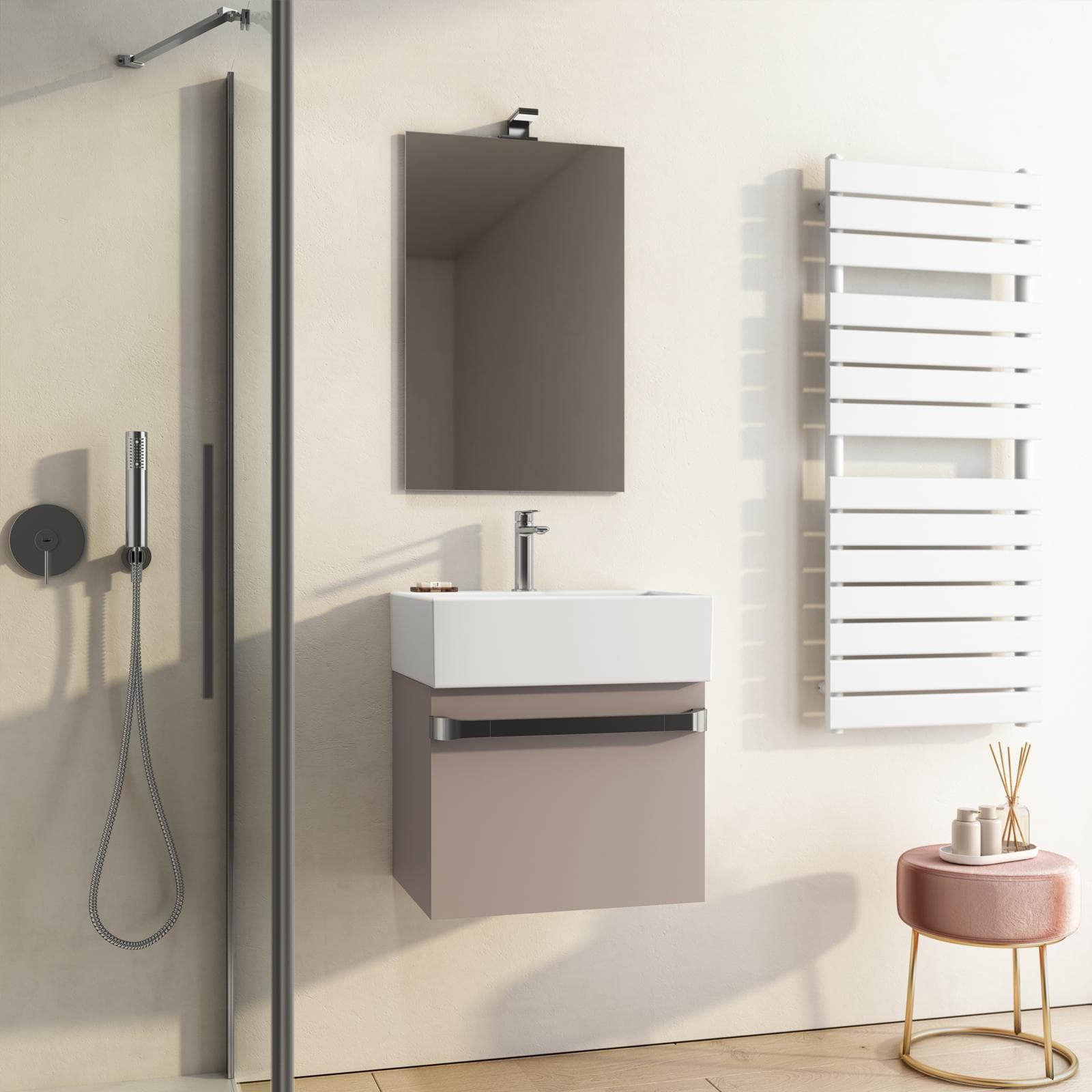 Mobile sospeso salvaspazio 50 cm profondità 42 cm tortora opaco con lavabo e specchio - Virgola