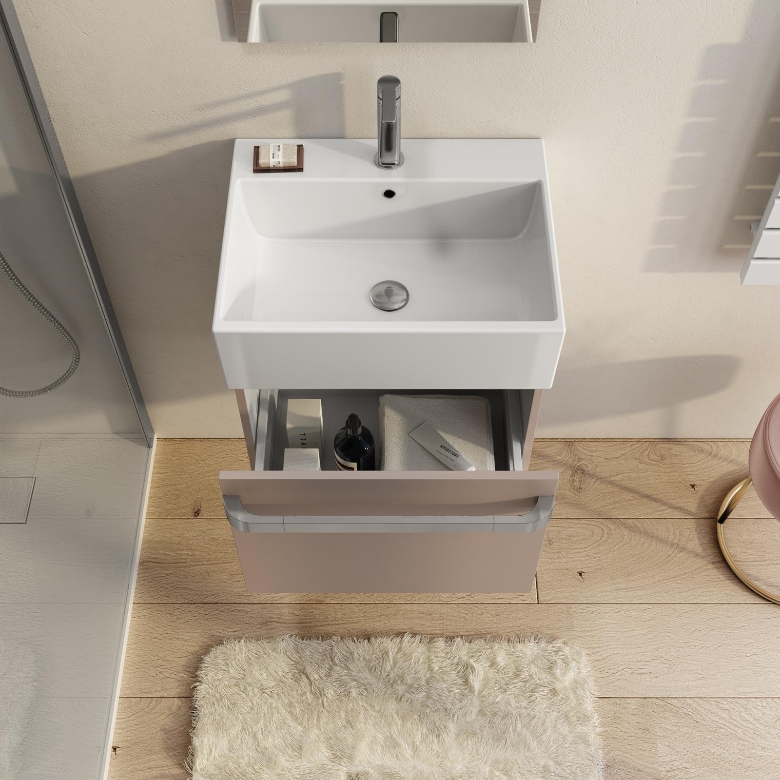 Mobile sospeso salvaspazio 50 cm profondità 42 cm tortora opaco con lavabo e specchio - Virgola