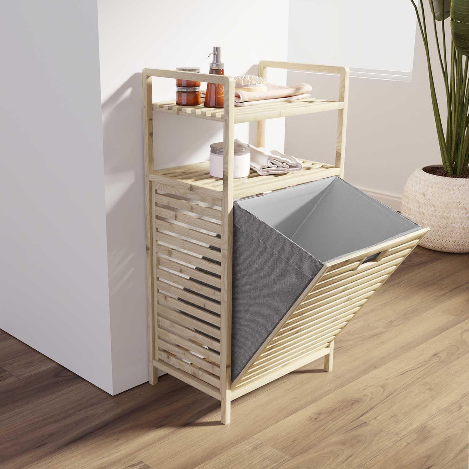 Mobiletto bagno o lavanderia con cesto portabiancheria e 2 ripiani in legno - Grace