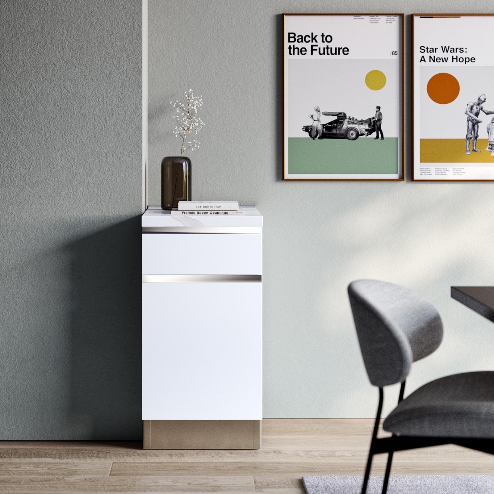 Modulo 45x88h cm bianco con cassetto e anta apertura sx top 40 mm bianco effetto marmo e maniglia gola - Zyva