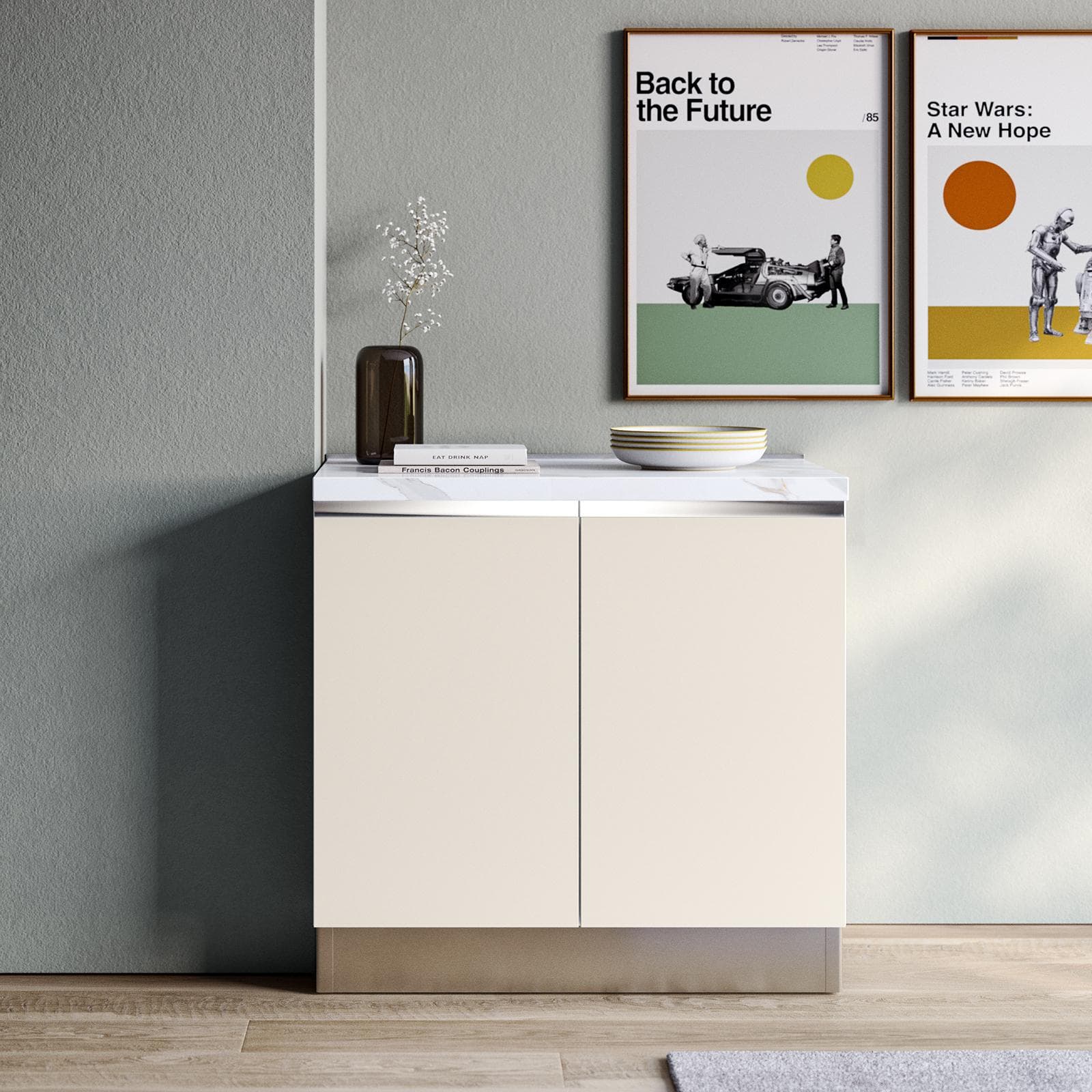 Modulo 90x88h cm bianco con 2 ante cashmere top 40 mm bianco effetto marmo e maniglia gola - Zyva