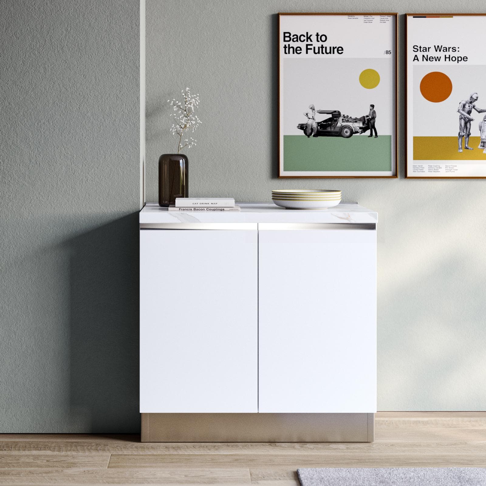 Modulo 90x88h cm bianco con 2 ante top 40 mm bianco effetto marmo e maniglia gola - Zyva
