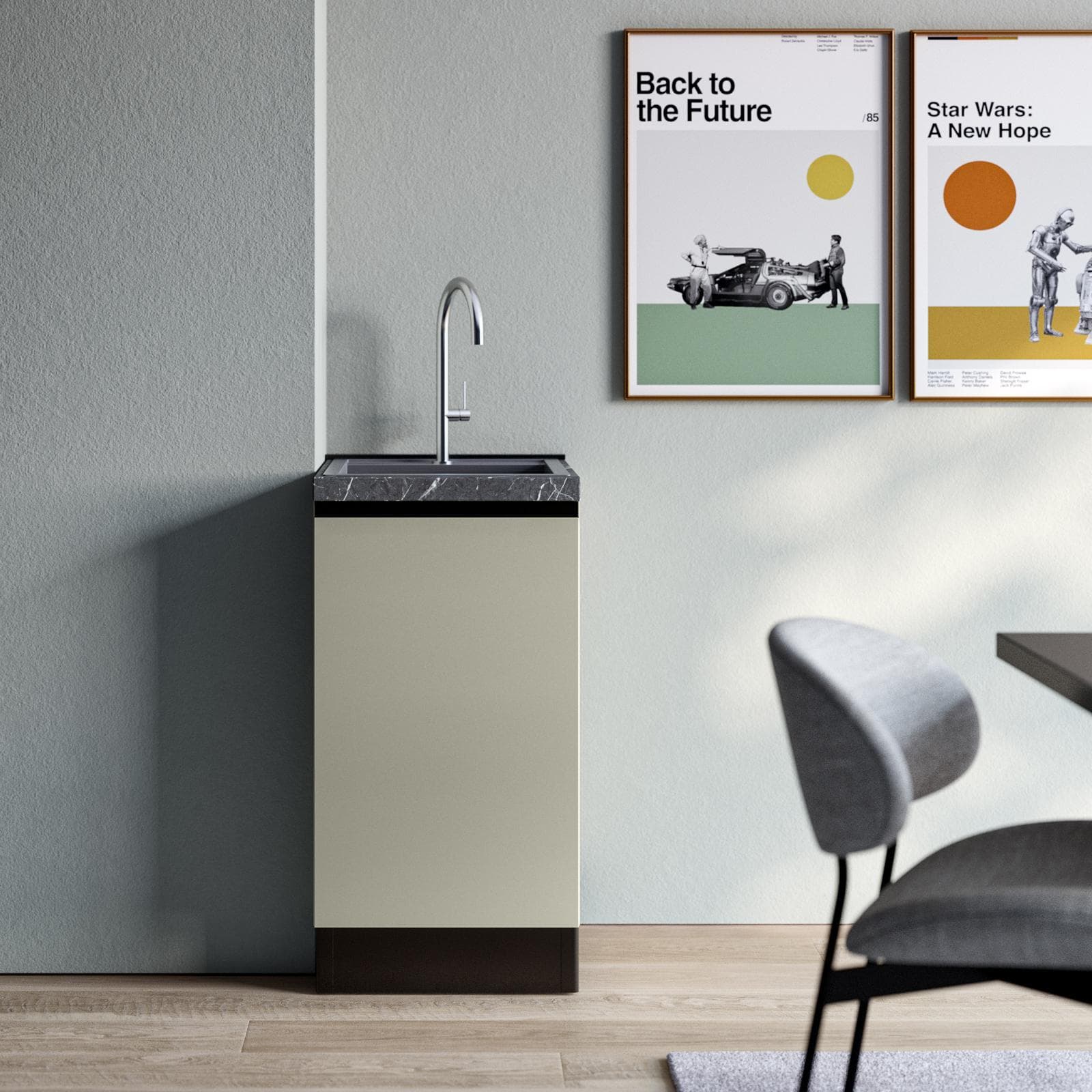 Modulo sottolavello 45x88h cm antracite con anta verde apertura sx top 40 mm nero effetto marmo e maniglia gola - Zyva