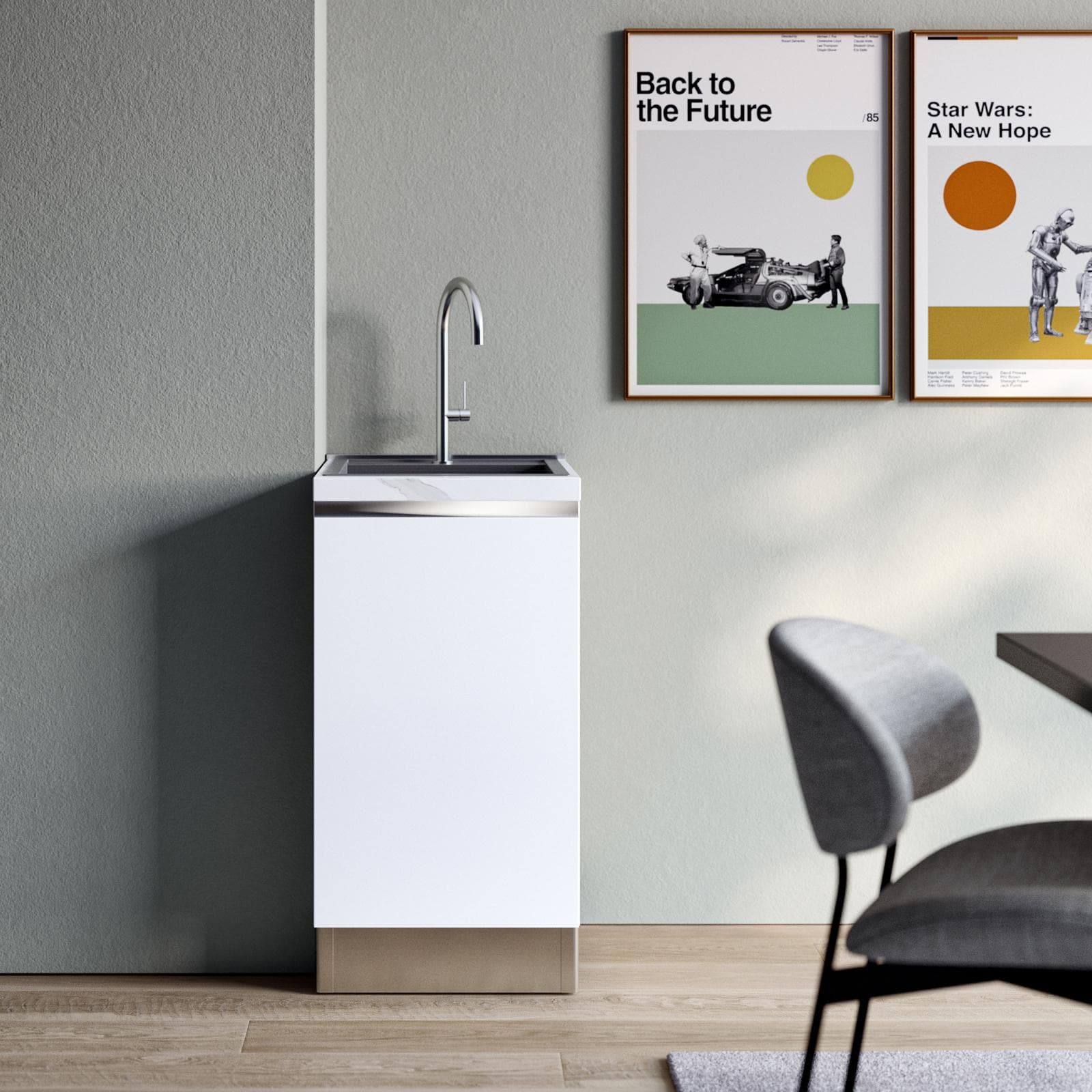 Modulo sottolavello 45x88h cm bianco con anta apertura sx top 40 mm bianco effetto marmo e maniglia gola - Zyva