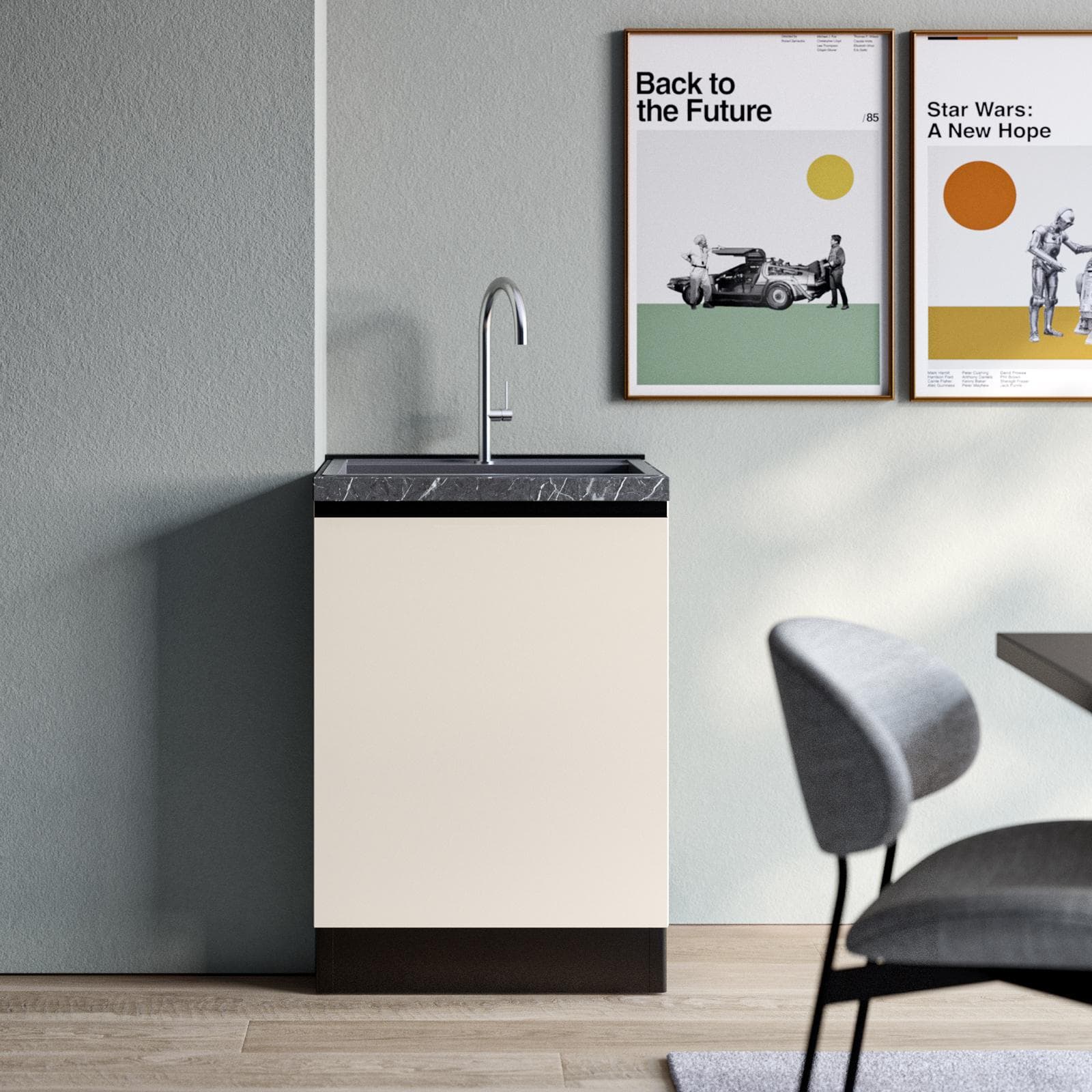 Modulo sottolavello 60x88h cm antracite con anta cashmere apertura sx top 40 mm nero effetto marmo e maniglia gola - Zyva