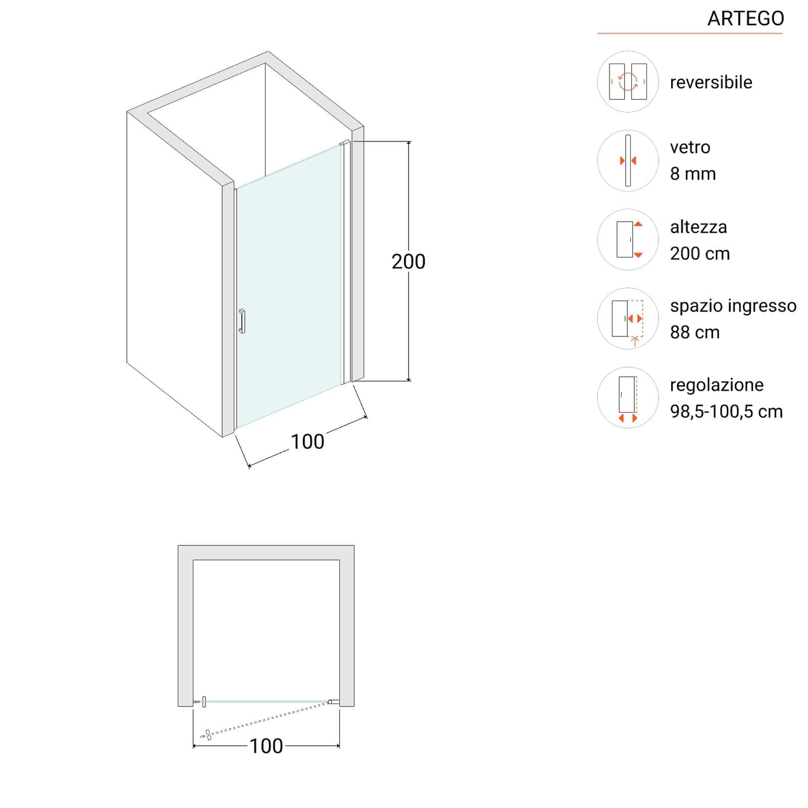 Box doccia nicchia 100 cm battente con vetro anticalcare trasparente e profilo nero opaco 200h - Artego