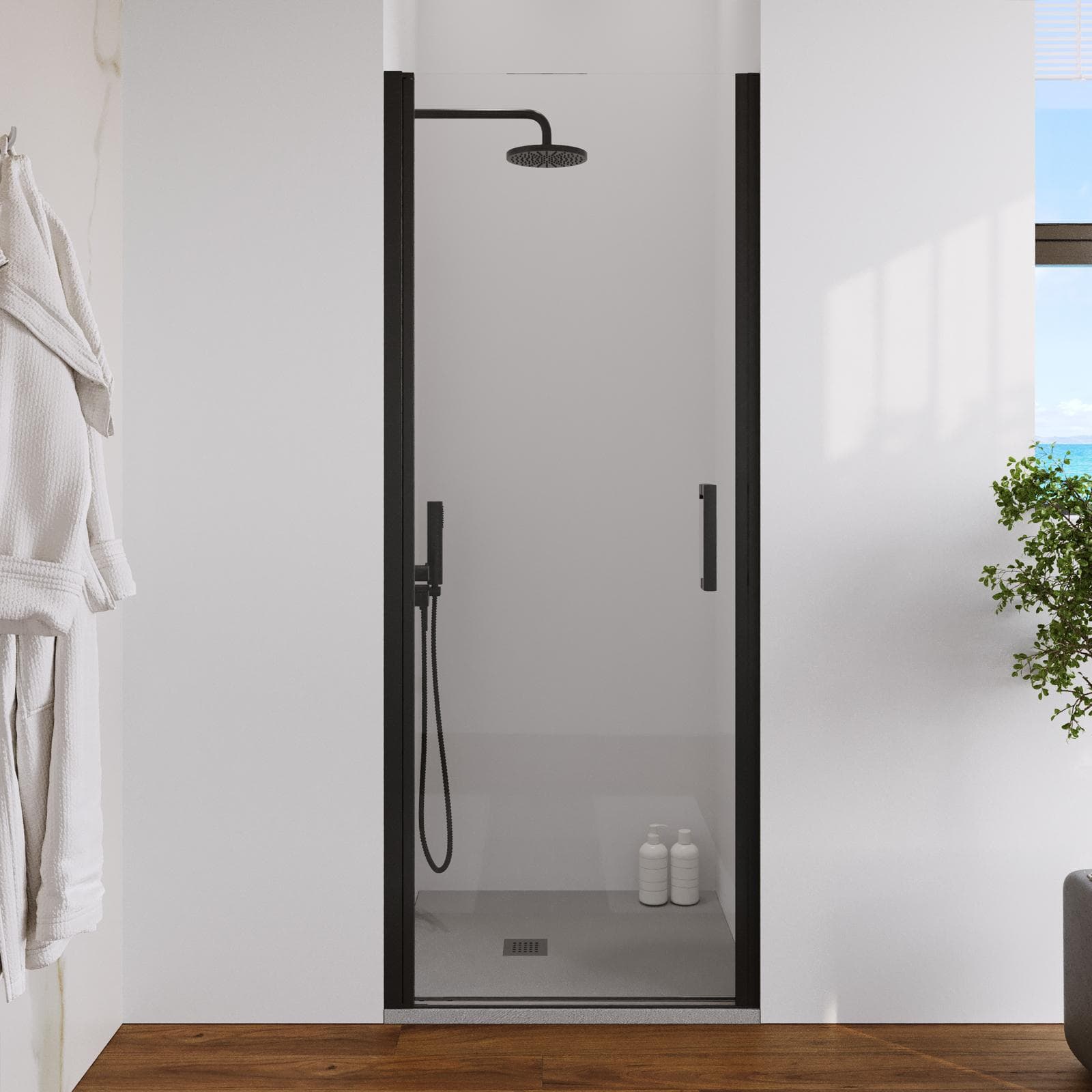 Box doccia nicchia 70 cm battente con vetro anticalcare trasparente e profilo nero opaco 200h - Artego