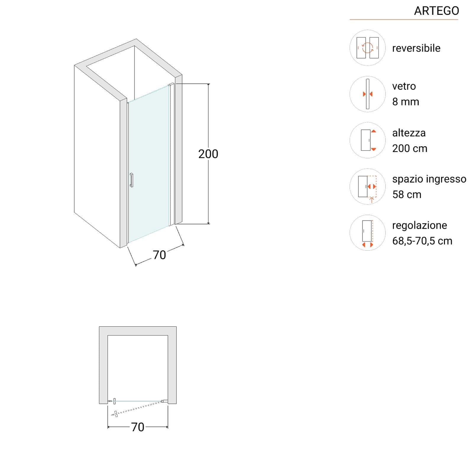 Box doccia nicchia 70 cm battente con vetro anticalcare trasparente e profilo nero opaco 200h - Artego