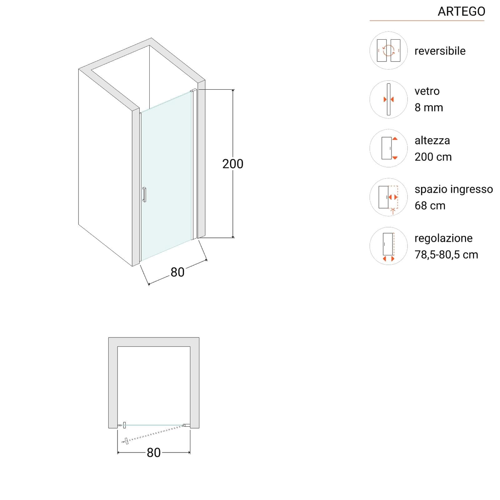 Box doccia nicchia 80 cm battente con vetro anticalcare trasparente e profilo nero opaco 200h - Artego