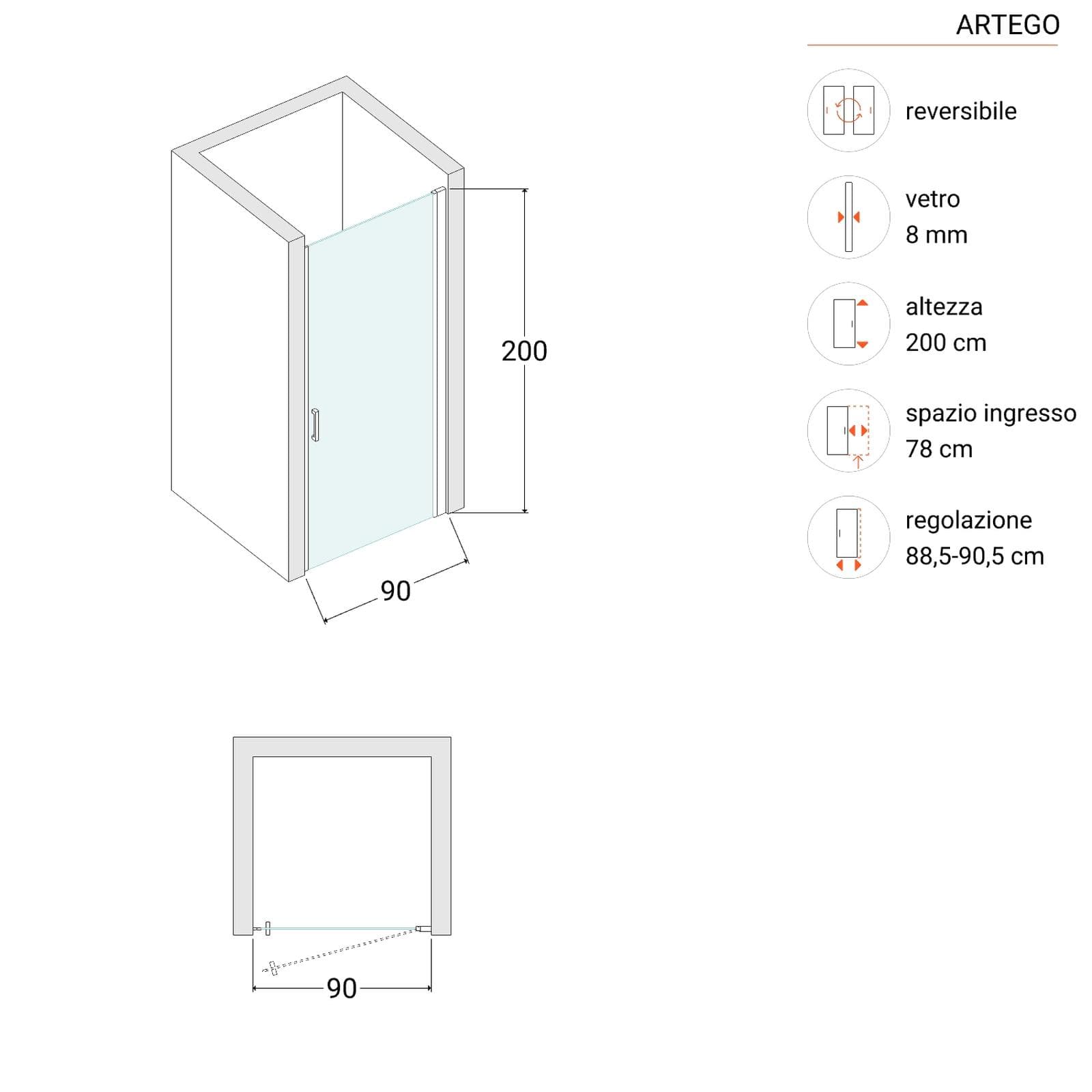 Box doccia nicchia 90 cm battente con vetro anticalcare trasparente e profilo nero opaco 200h - Artego