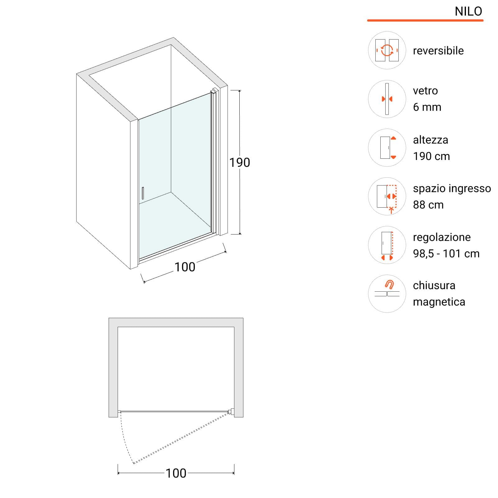 Nicchia doccia 100 cm con porta battente in vetro temperato opaco - Nilo