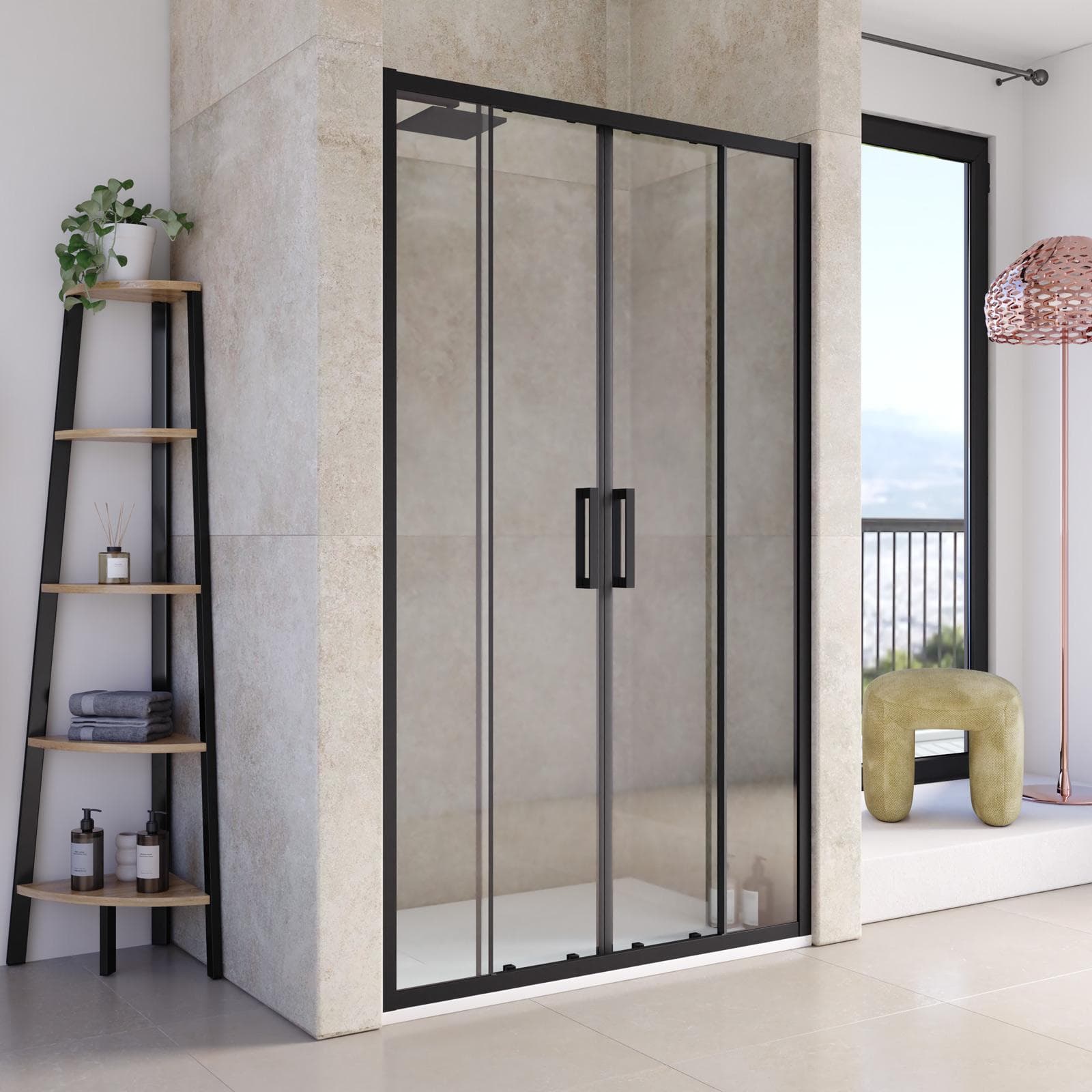 Nicchia doccia 120 cm scorrevole 4 ante profilo alluminio nero 200h anticalcare - Naomi