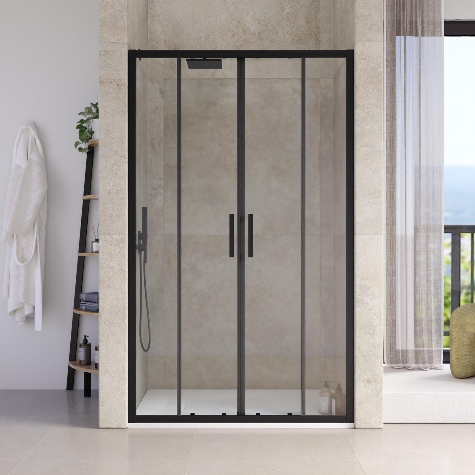 Nicchia doccia 120 cm scorrevole 4 ante profilo alluminio nero 200h anticalcare - Naomi