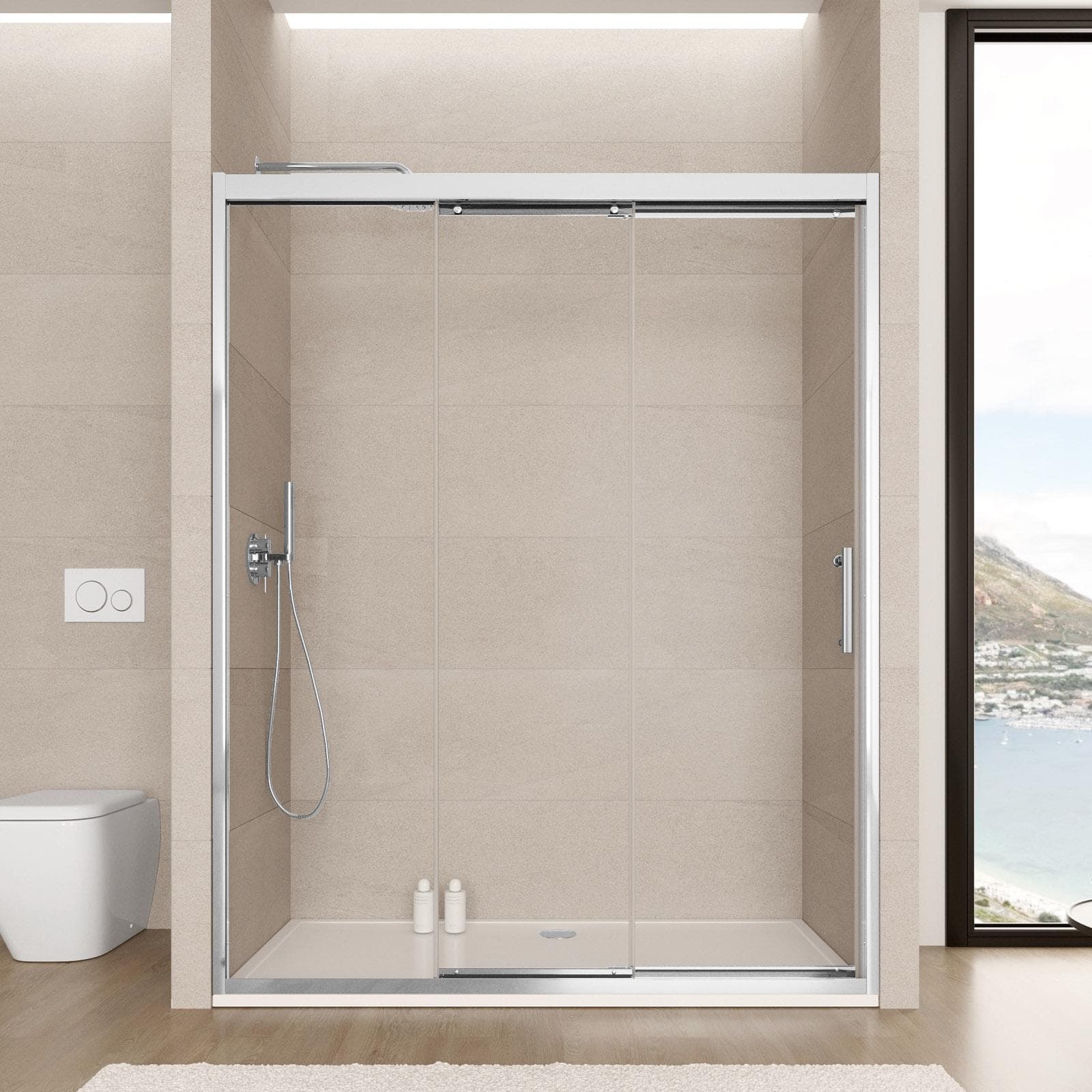 Box doccia nicchia 130 cm scorrevole verso sx 3 ante anticalcare trasparente e profilo cromo 195h - Teknic