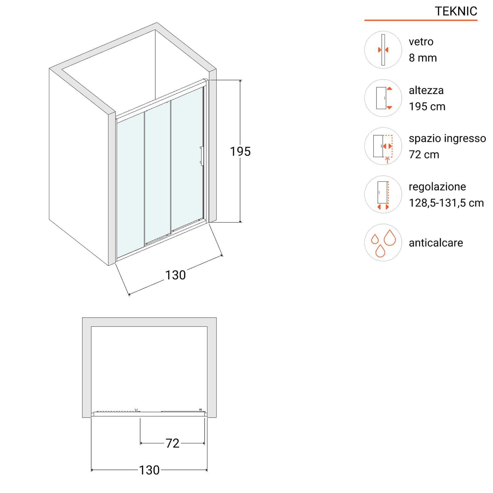 Box doccia nicchia 130 cm scorrevole verso sx 3 ante anticalcare trasparente e profilo cromo 195h - Teknic