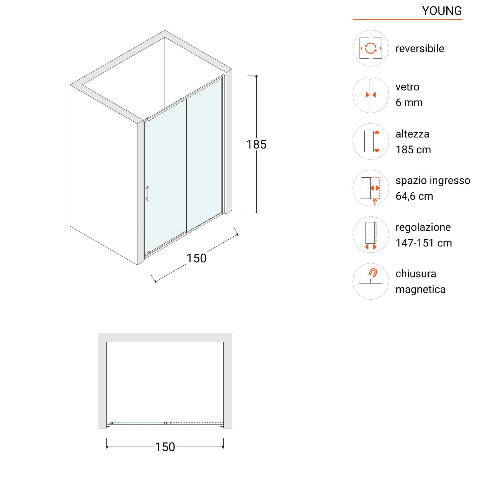 Nicchia doccia 150 cm scorrevole vetro temperato 6mm trasparente 185h - Young