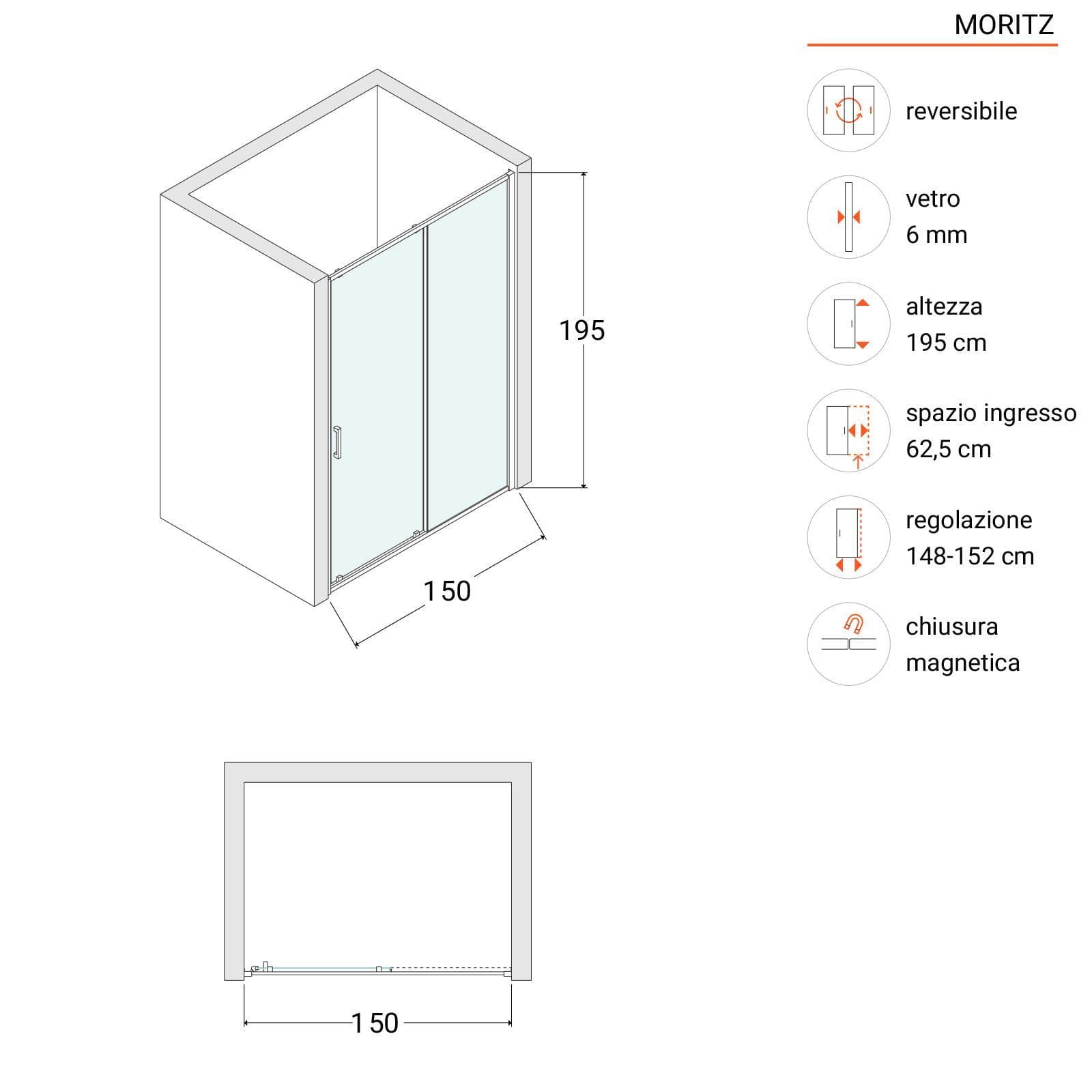 Box doccia nicchia 150 cm scorrevole vetro temperato opaco profilo cromo 195h - Moritz