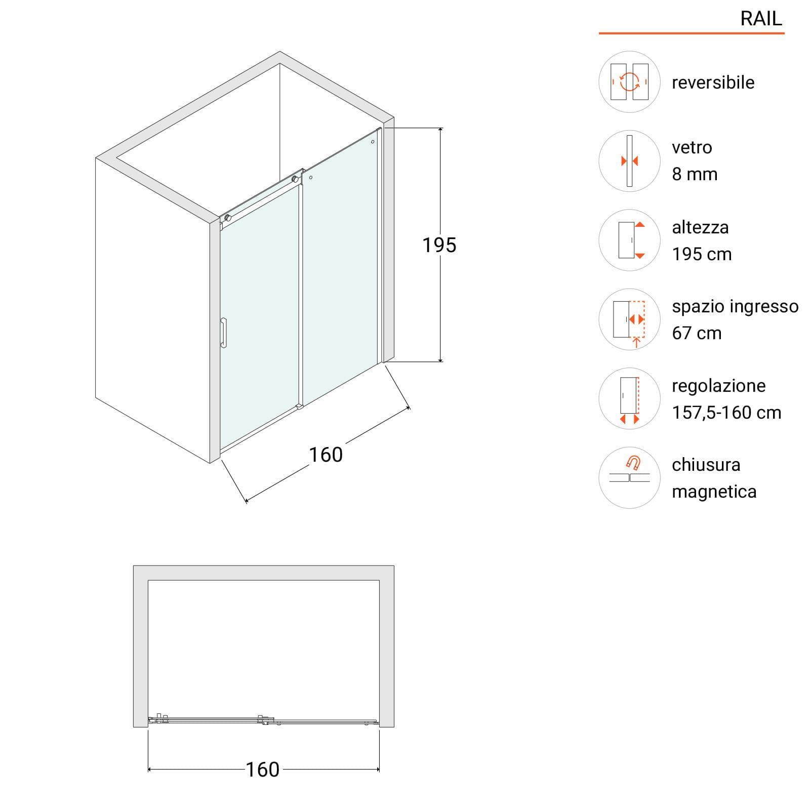 Box doccia nicchia 160 cm scorrevole vetro anticalcare trasparente profilo cromo 195h - Rail
