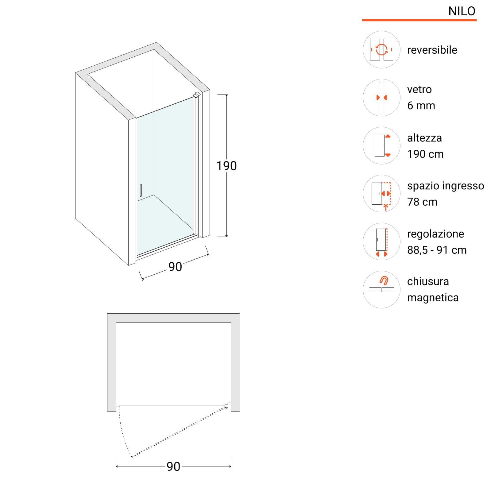 Nicchia doccia 90 cm con porta battente in vetro temperato trasparente - Nilo