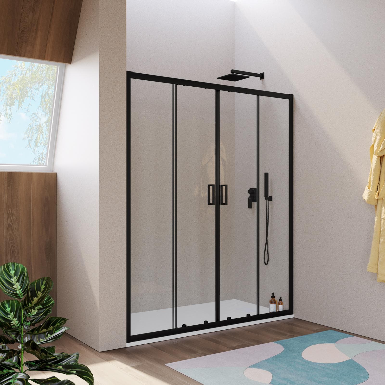 Nicchia doccia doppio scorrevole 160 cm in vetro temperato 6 mm trasparente 185h con profilo nero - Young