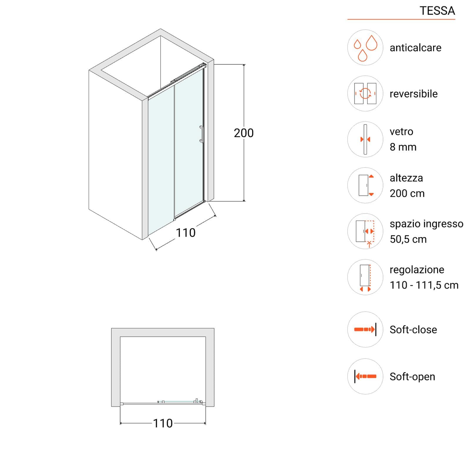 Box doccia nicchia 110 scorrevole cm in vetro temperato trasparente profilo nero opaco 200 h - Tessa