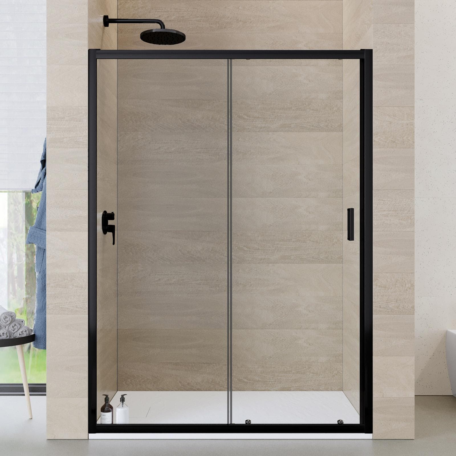Nicchia doccia scorrevole 140 cm in vetro temperato 6 cm trasparente 185h con profilo nero - Young