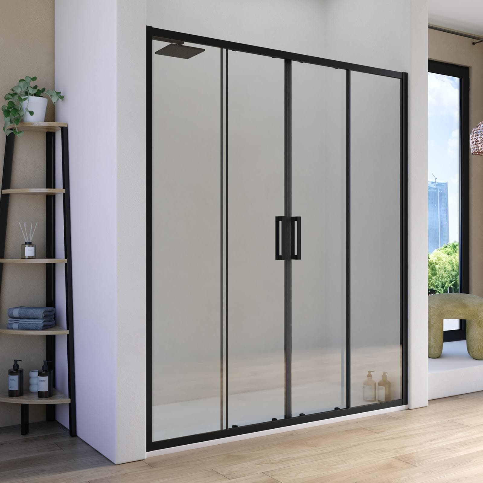 Nicchia doccia scorrevole 180 cm anticalcare trasparente 4 ante profilo nero 200h - Naomi