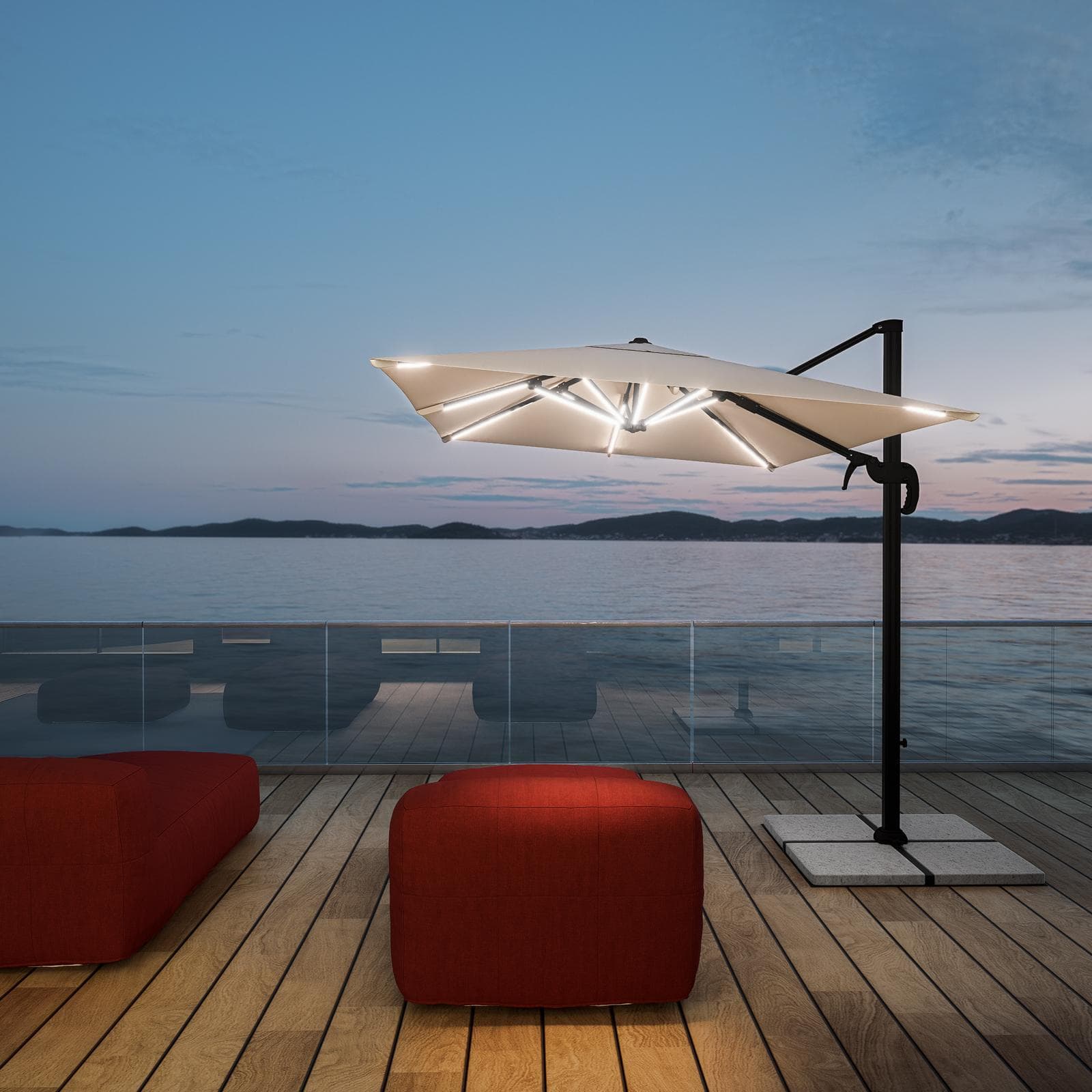 Ombrellone a LED 3x2 m palo laterale antracite e telo ecrù - Ibiza