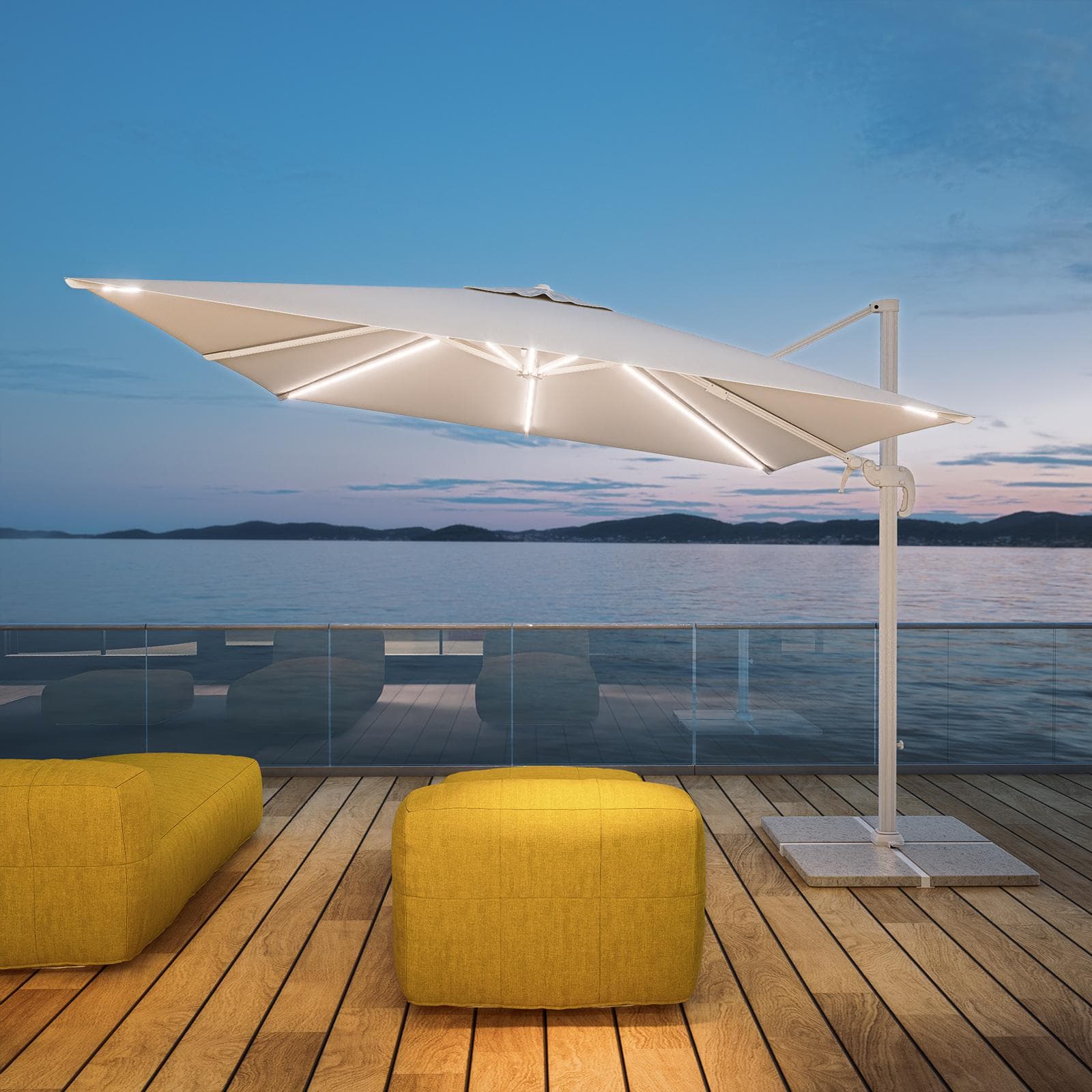 Ombrellone a LED 3x3 m palo laterale bianco e telo bianco - Ibiza