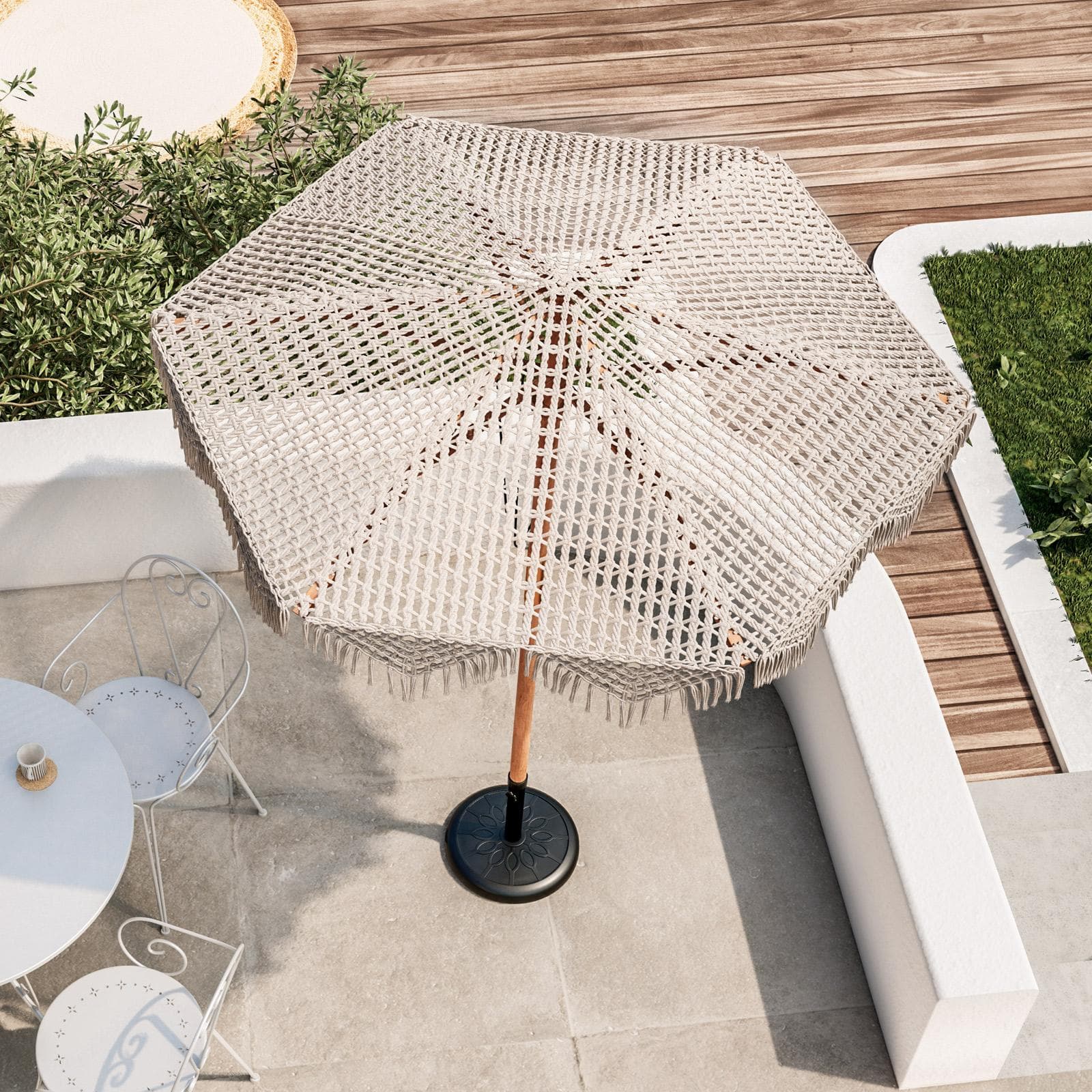Ombrellone con palo centrale rotondo 2 m con telo macramè ecrù ed effetto legno- Macrame