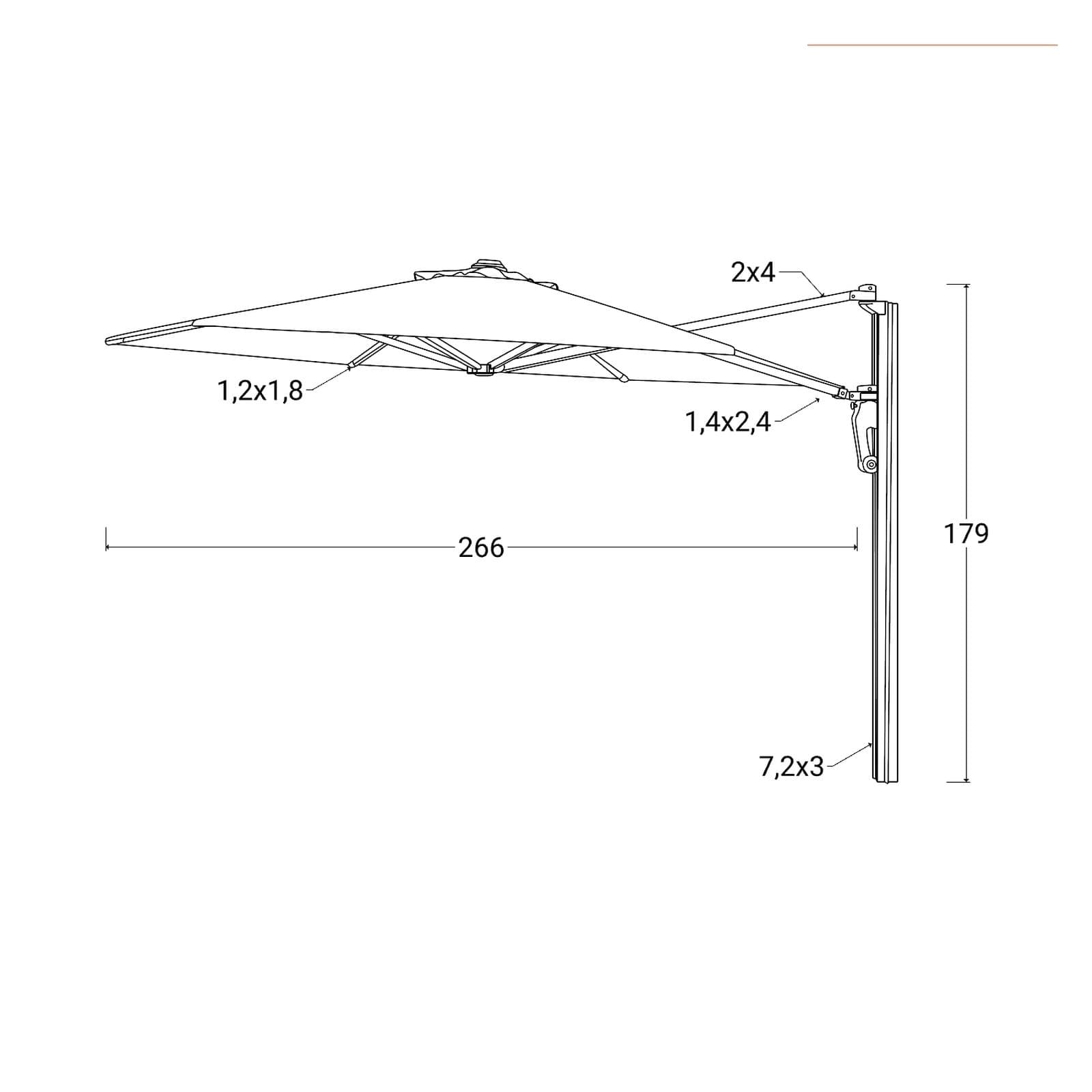 Ombrellone a parete 2,7 m con braccio a muro telo grigio - Wall