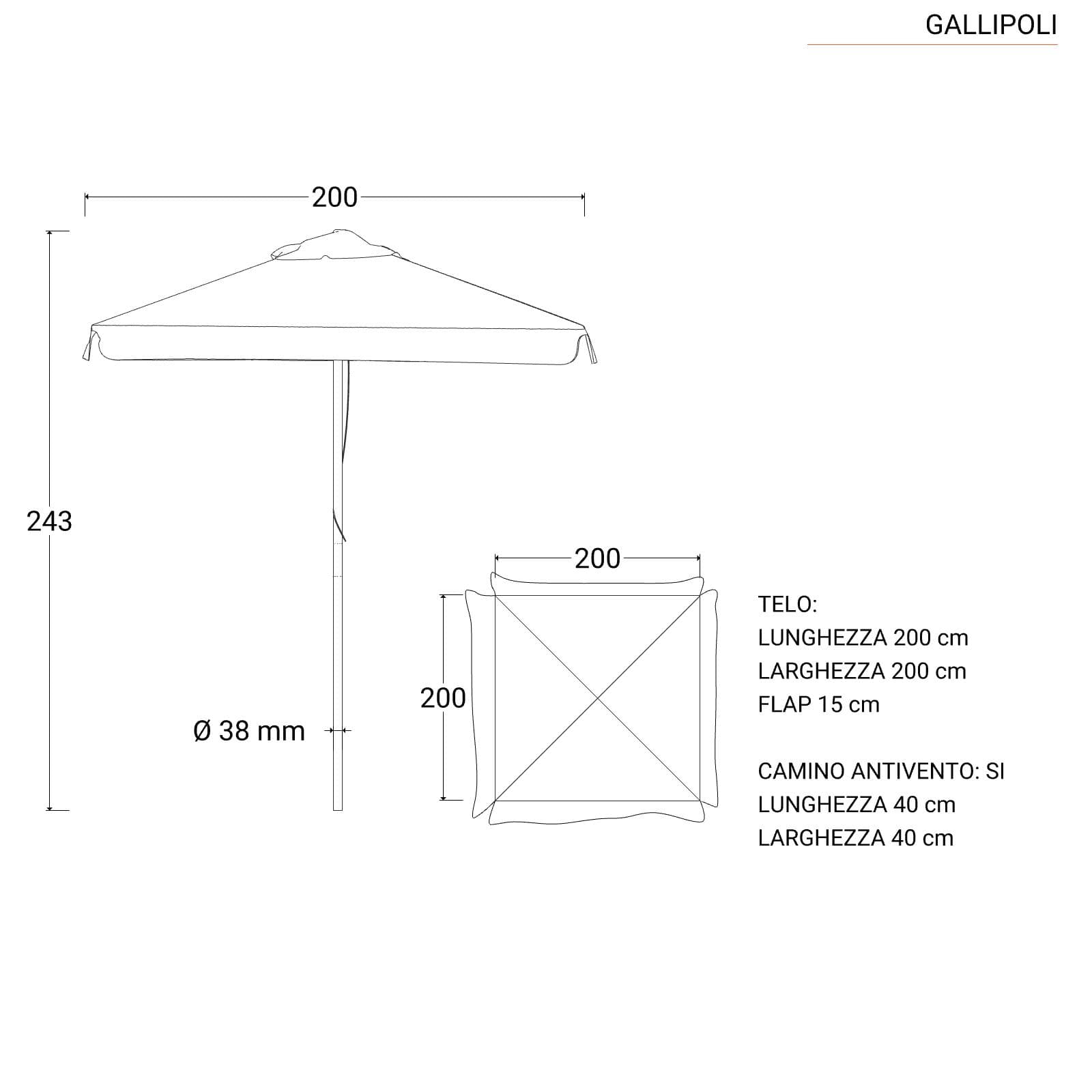Ombrellone con palo centrale in legno 2x2 m e telo tortora con volant - Gallipoli