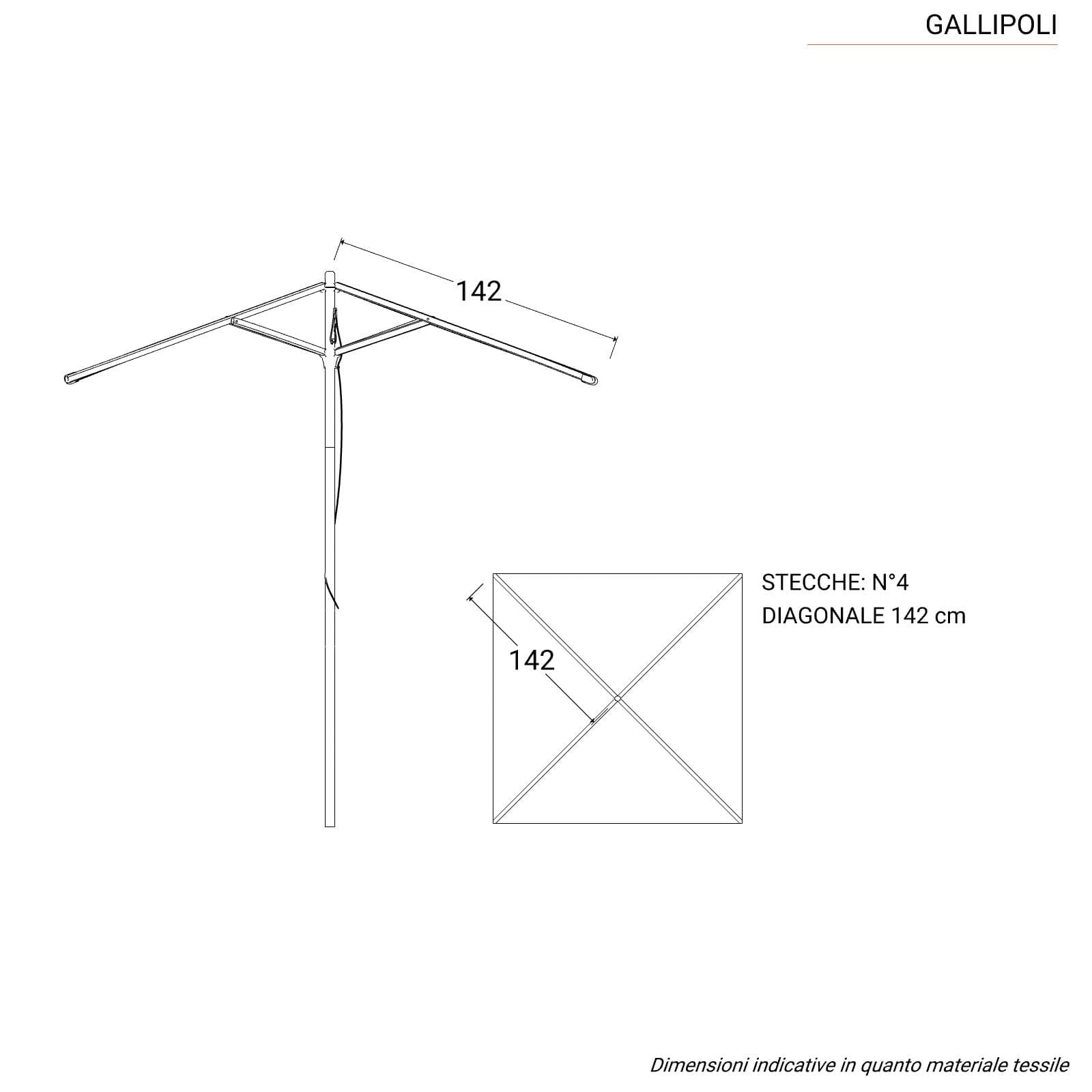 Ombrellone con palo centrale in legno 2x2 m e telo tortora con volant - Gallipoli