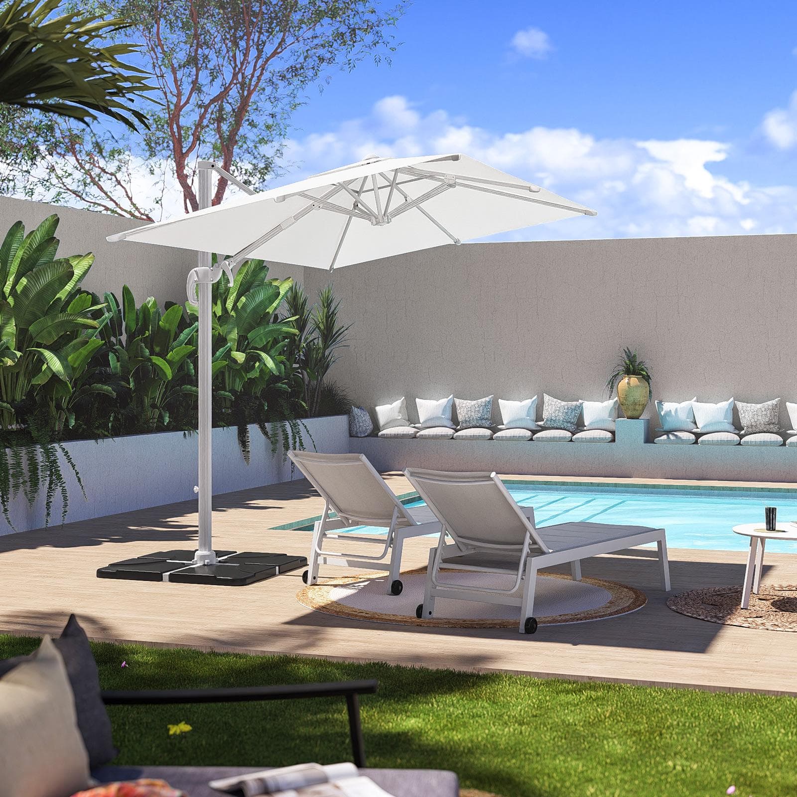 Ombrellone con palo laterale 3x2 m in alluminio bianco con telo in poliestere bianco - Sakura