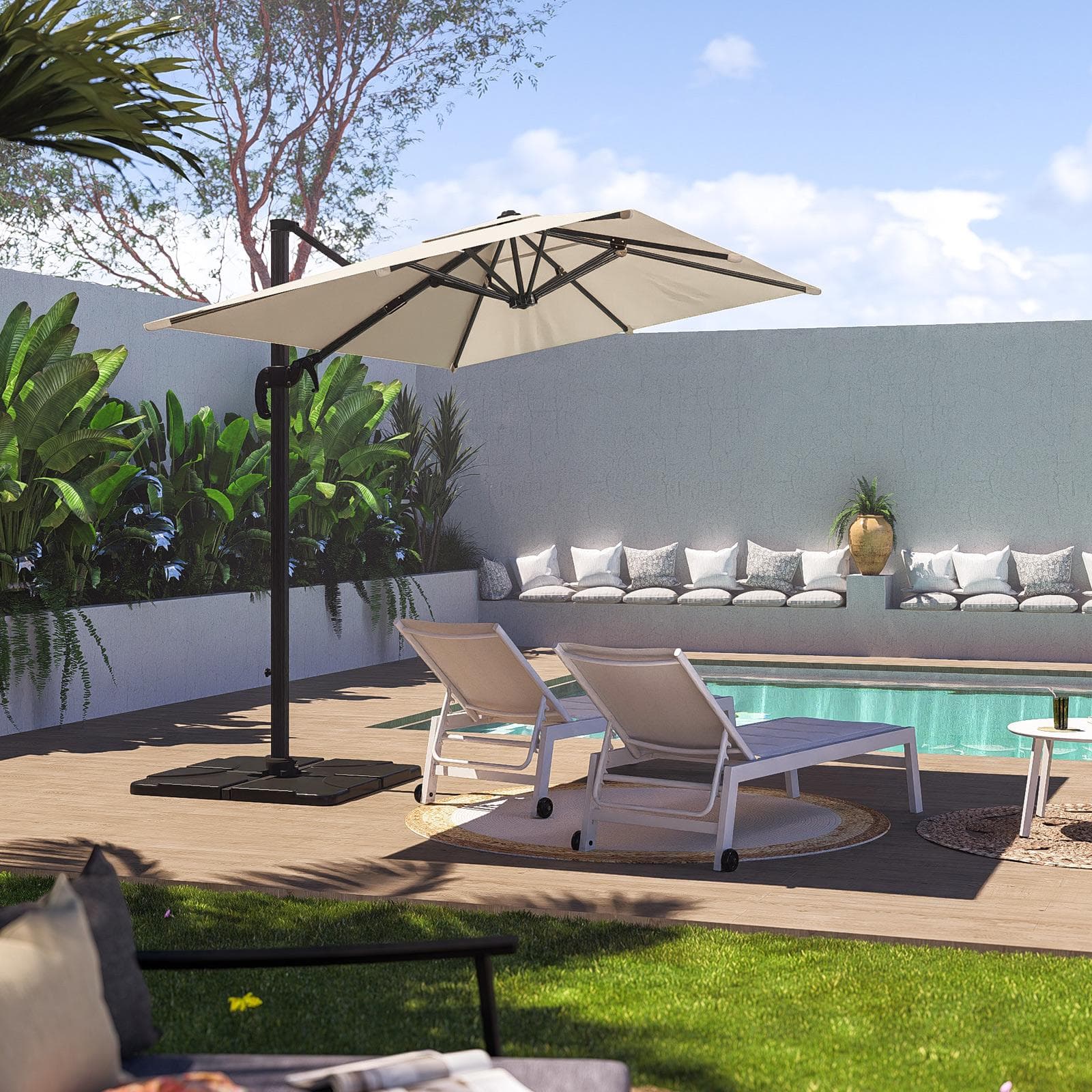 Ombrellone con palo laterale 3x2 m in alluminio grafite con telo in poliestere beige - Sakura
