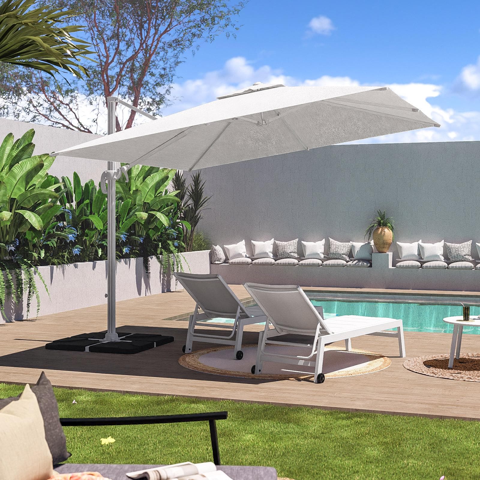 Ombrellone con palo laterale 3x3 m in alluminio bianco con telo bianco - Sakura