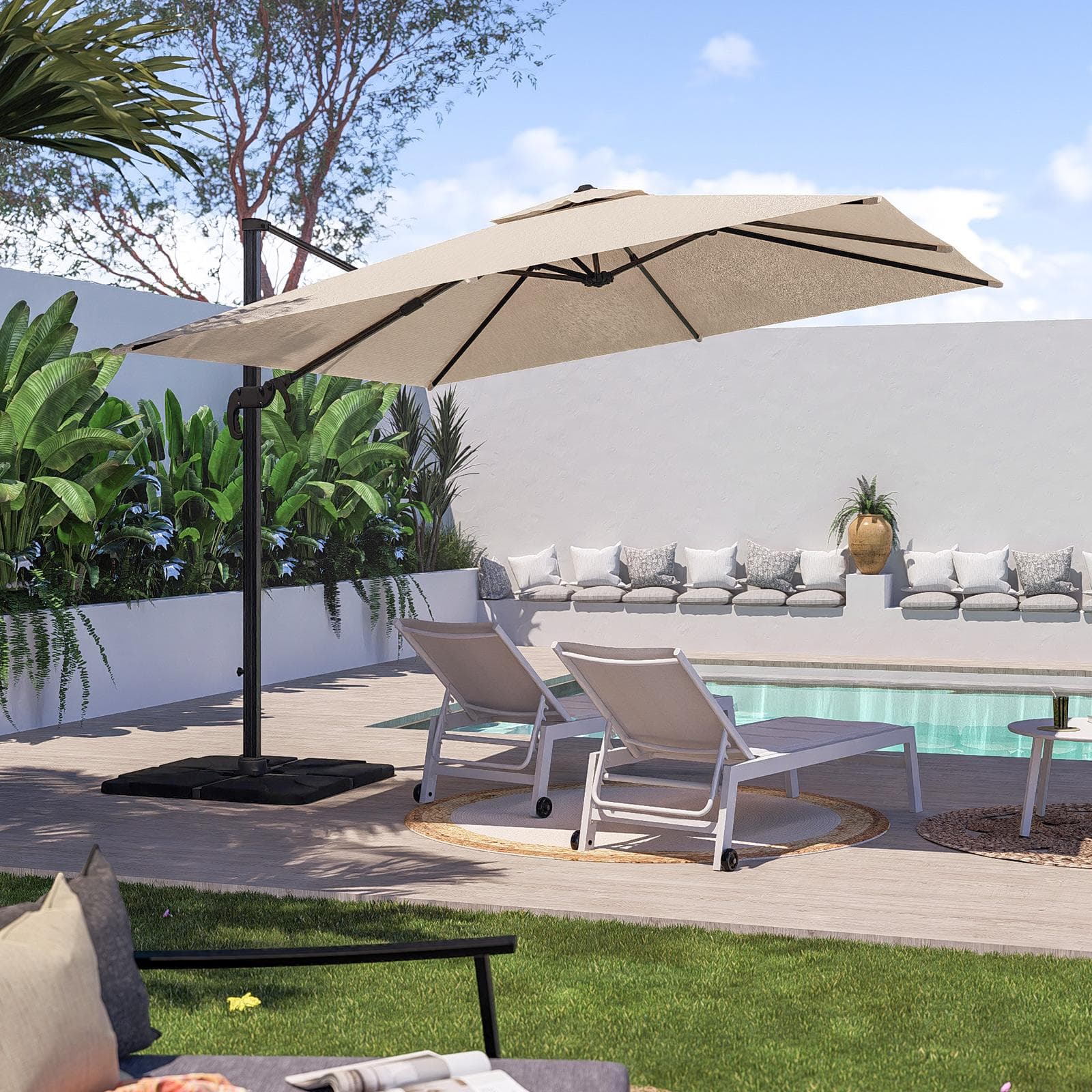 Ombrellone con palo laterale 3x3 m in alluminio grafite con telo in poliestere beige - Sakura