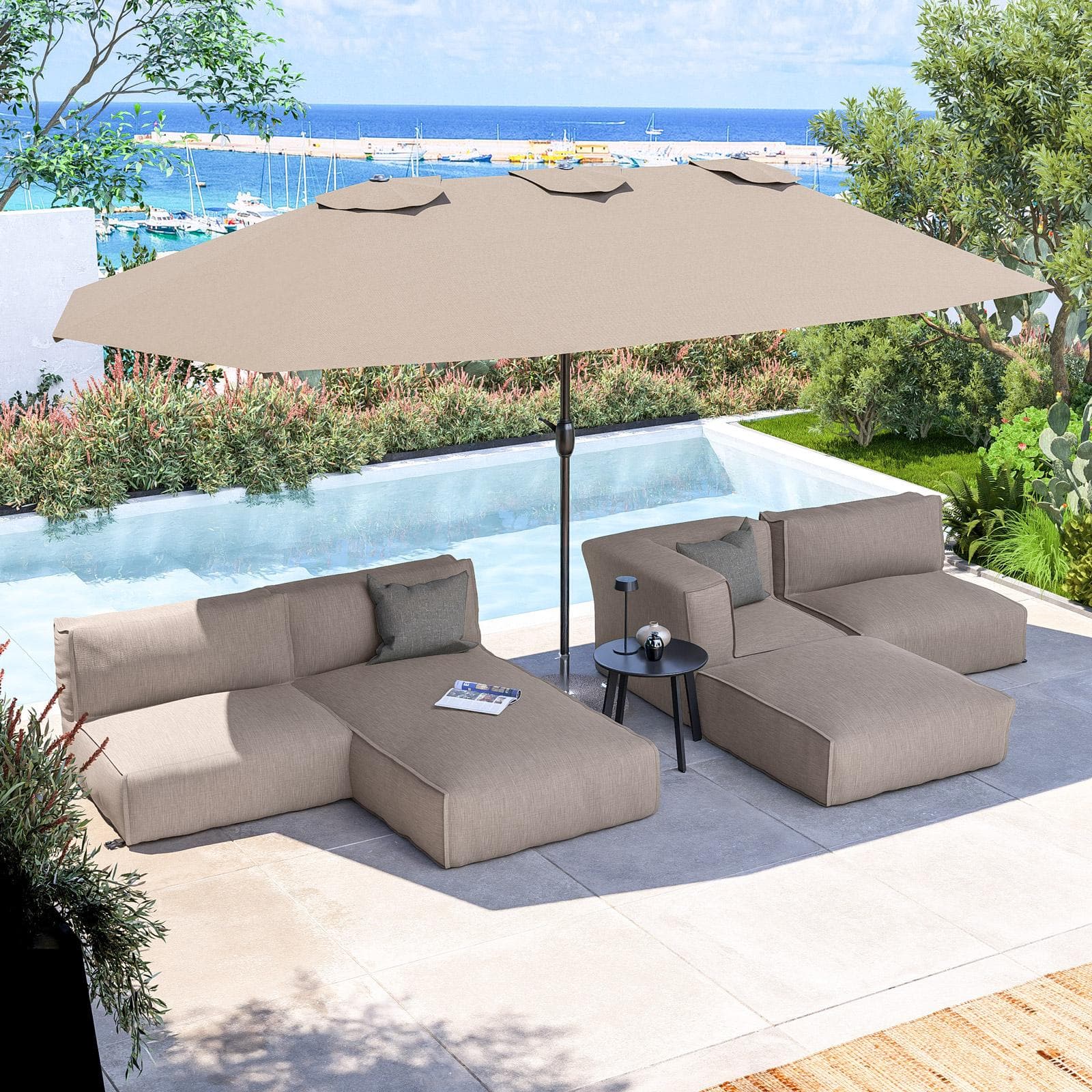 Ombrellone da giardino 4,6x2,6 m palo centrale telo tortora - Vieste