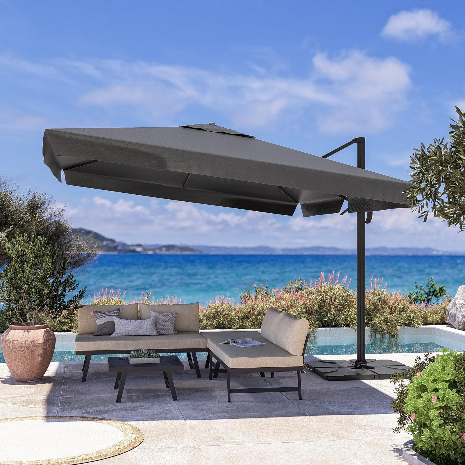 Ombrellone da giardino 4x3 m palo antracite e telo grigio con flap - Portos
