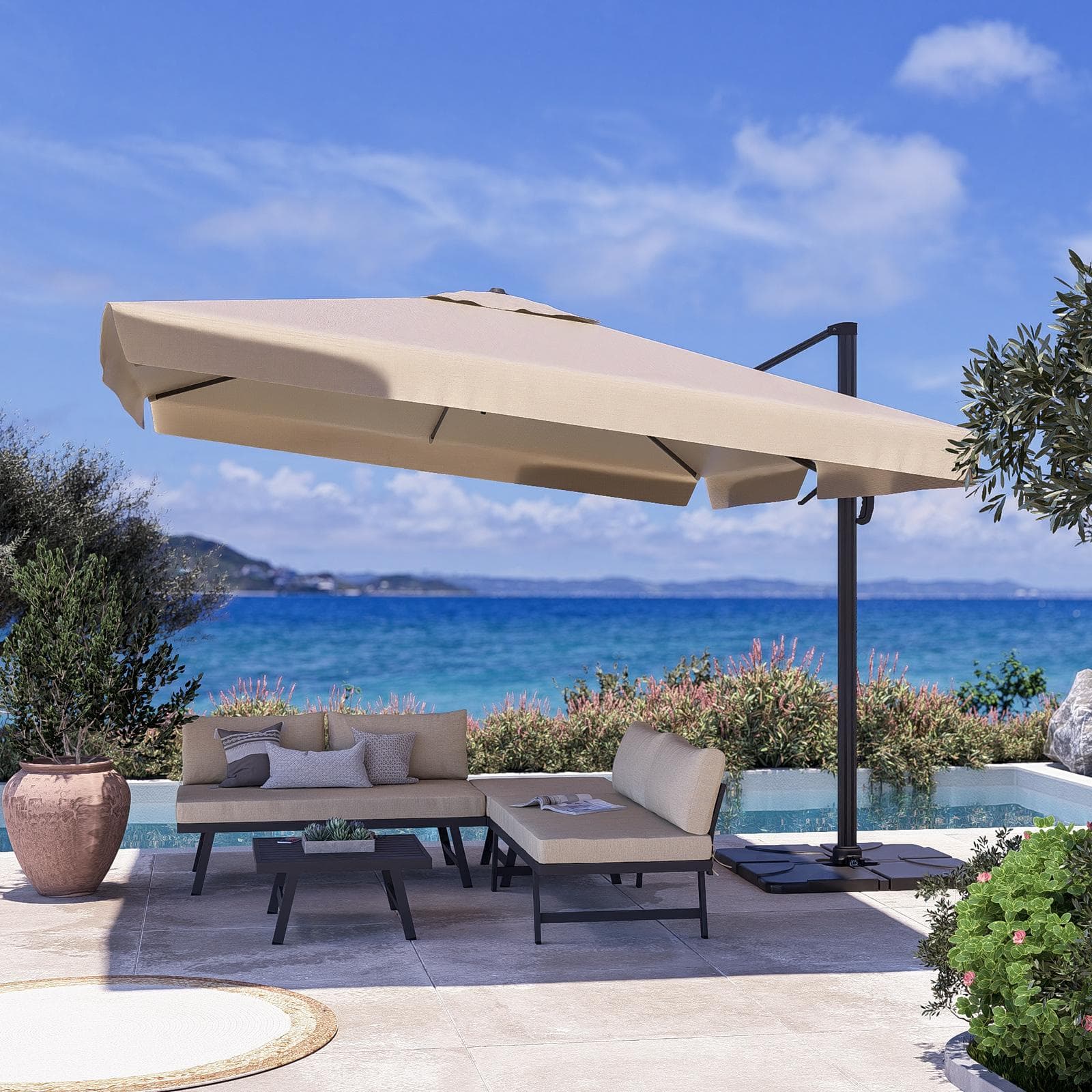 Ombrellone da giardino 4x3 m palo laterale antracite e telo ecrù con flap - Portos