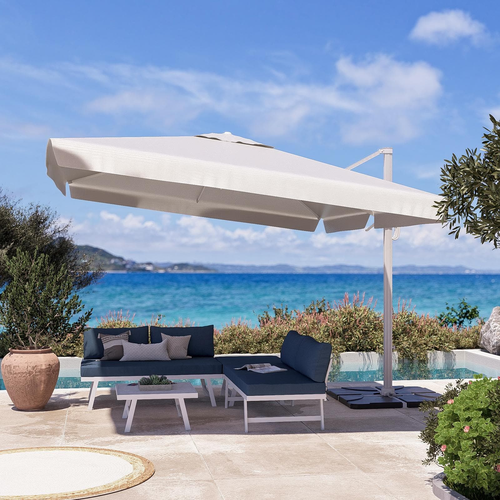 Ombrellone da giardino 4x3 m palo laterale e telo bianco con flap - Portos