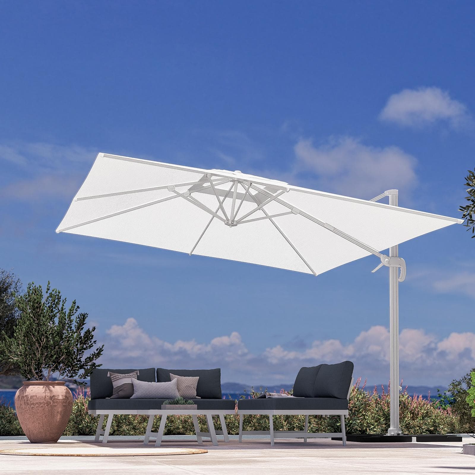 Ombrellone da giardino 4x3 m palo laterale e telo bianco - Portos