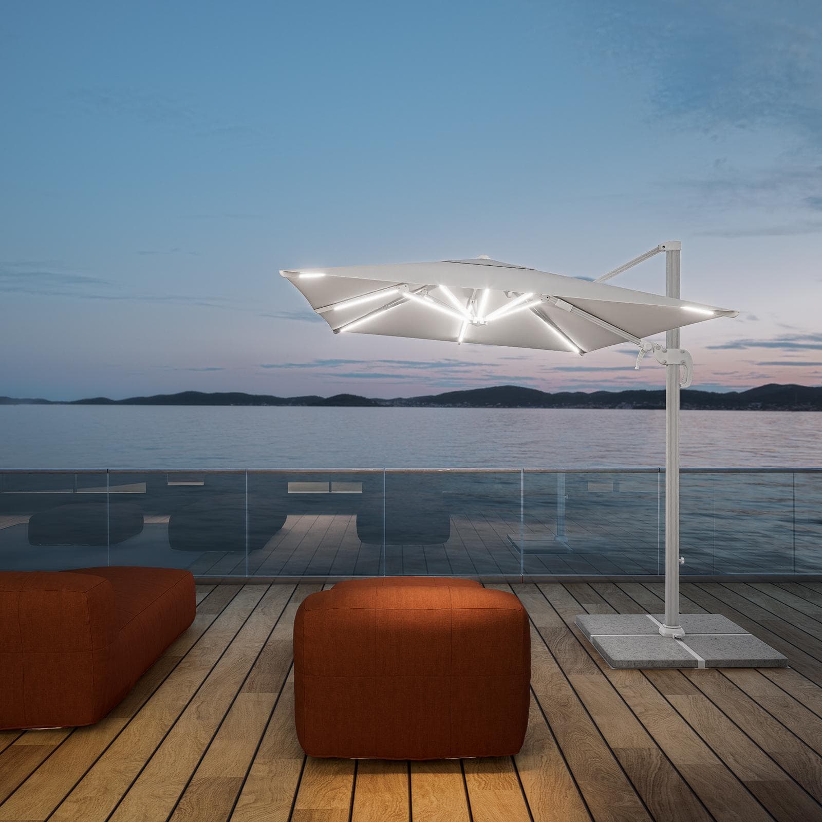 Ombrellone a LED 3x2 m palo laterale bianco e telo bianco - Ibiza
